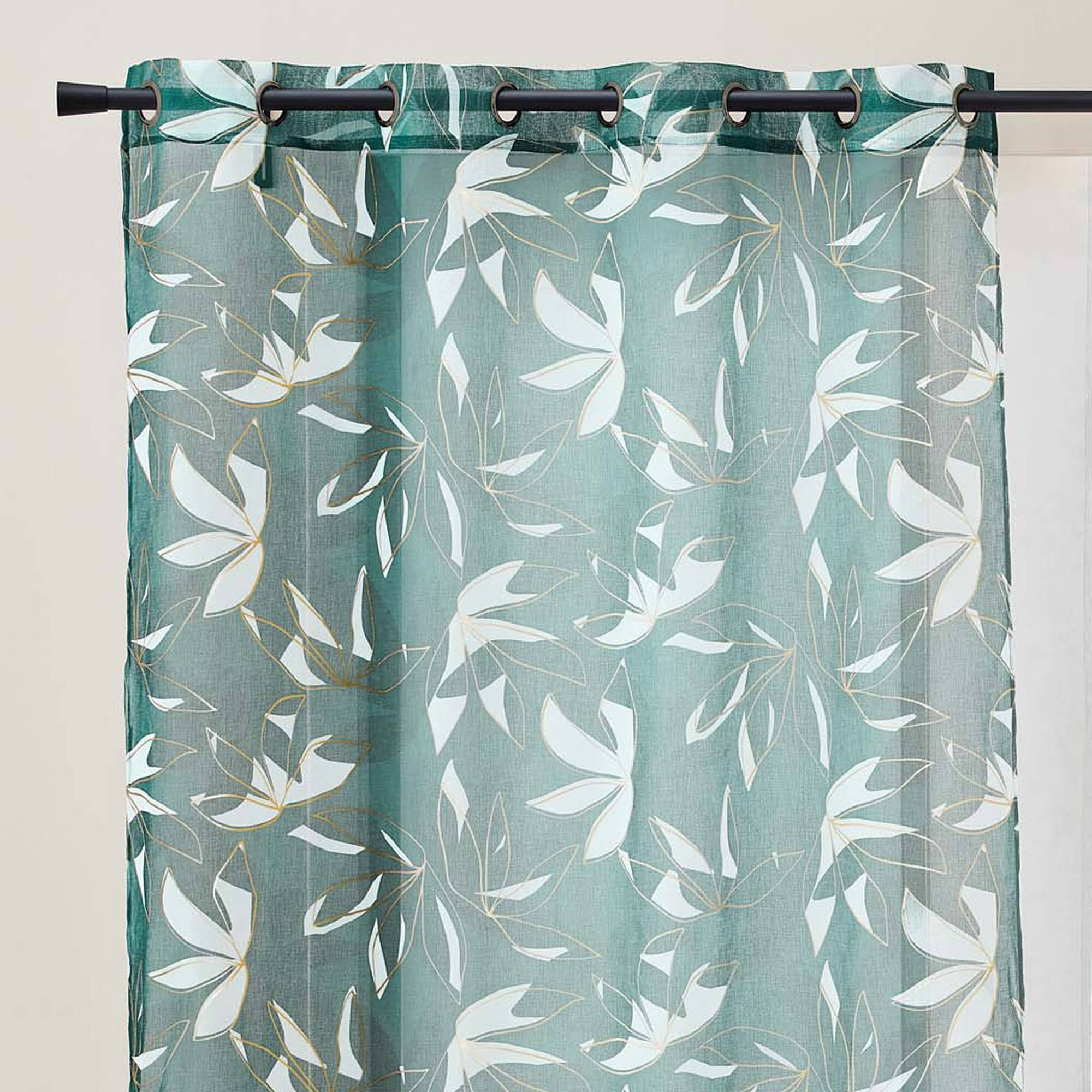 Voilage motif feuillage, imprimé métallisé, finition oeillets - Blancheporte