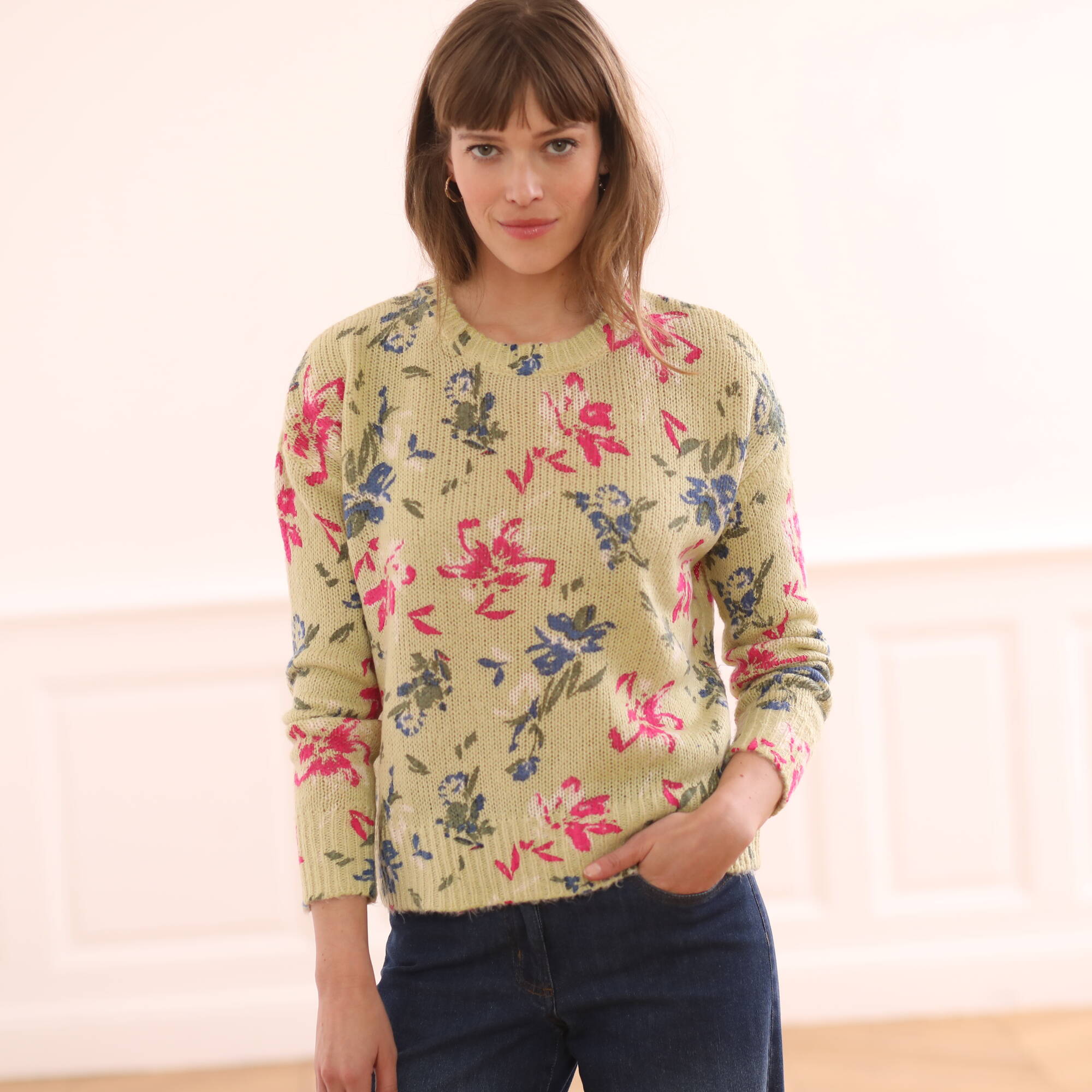Pull col rond imprimé, vert rose Blancheporte