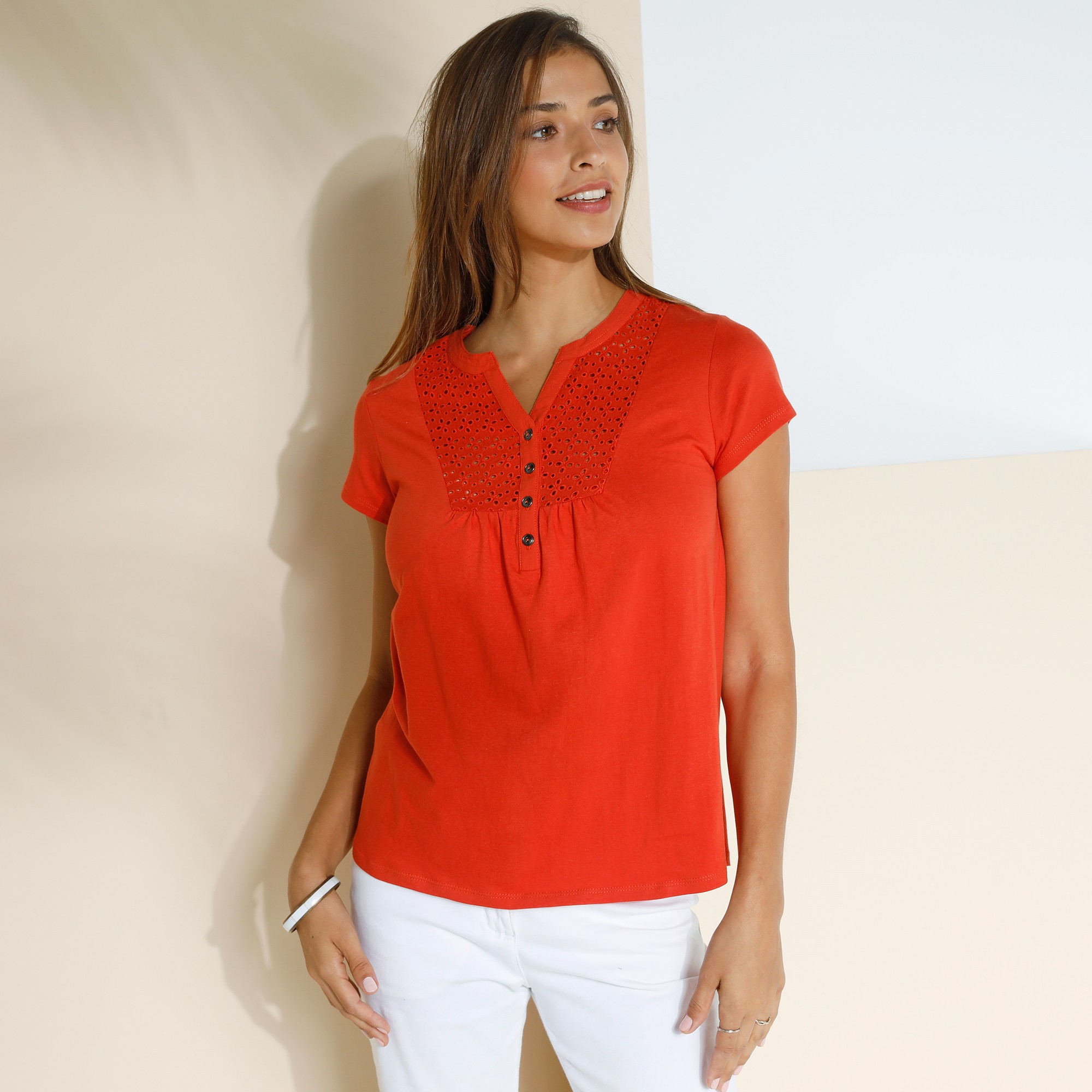 T-shirt Col Tunisien Manches Courtes, Broderie Anglaise - Blancheporte