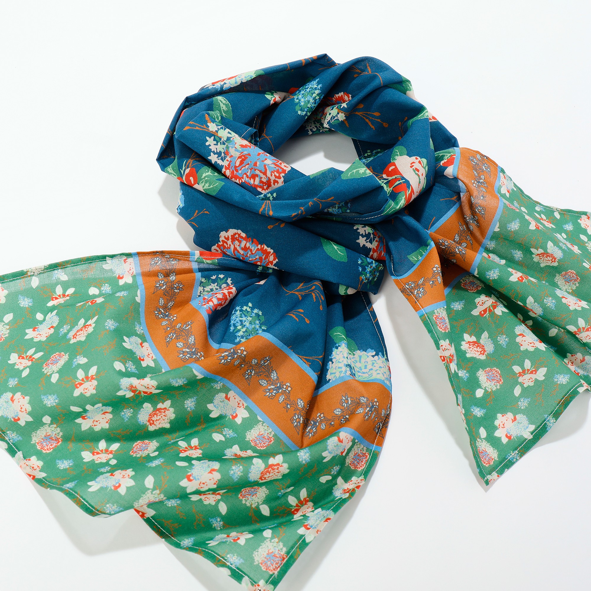 Foulard Imprimé Fleurs Bleu/vert, 198 X 38 Cm - Coton - Blancheporte