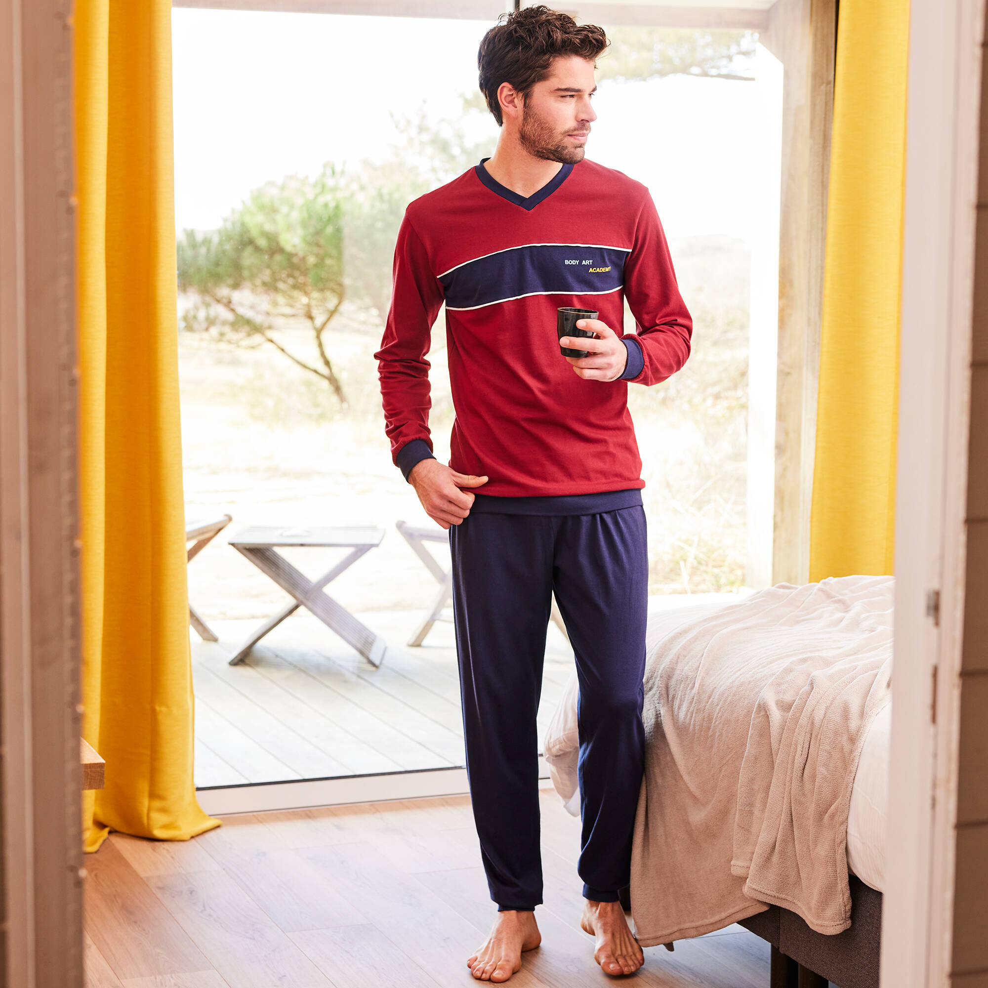 Pyjama pantalon bande poitrine maille jersey lot de 2 marine bordeaux Blancheporte