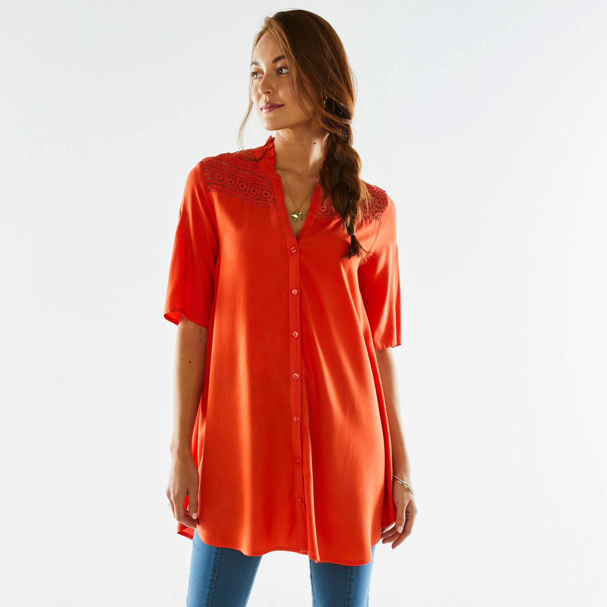 Tunique Boutonnée Macramé Unie - Blancheporte