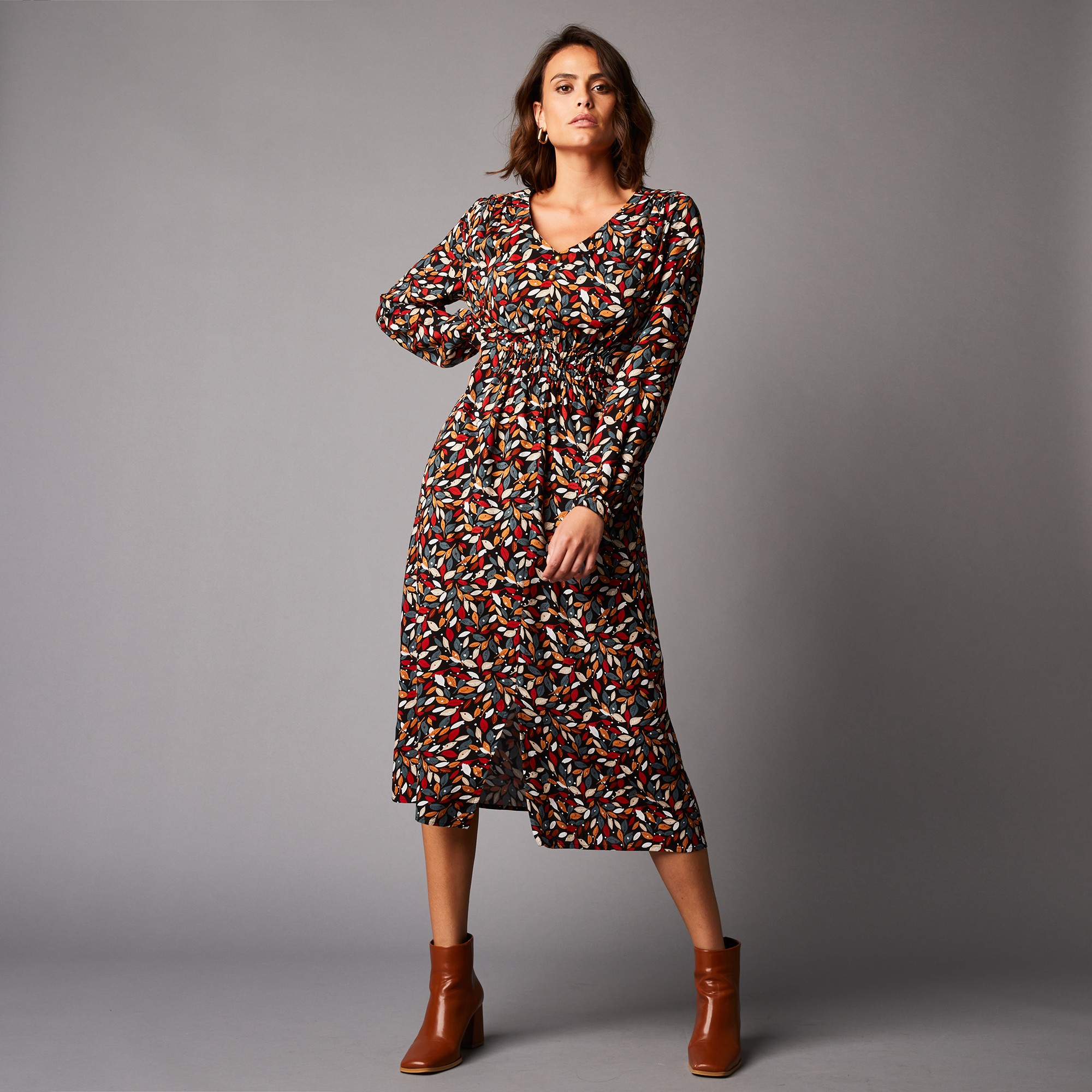 Robe Imprimée Mi-longue Smockée, Manches Longues Resserrées - Blancheporte