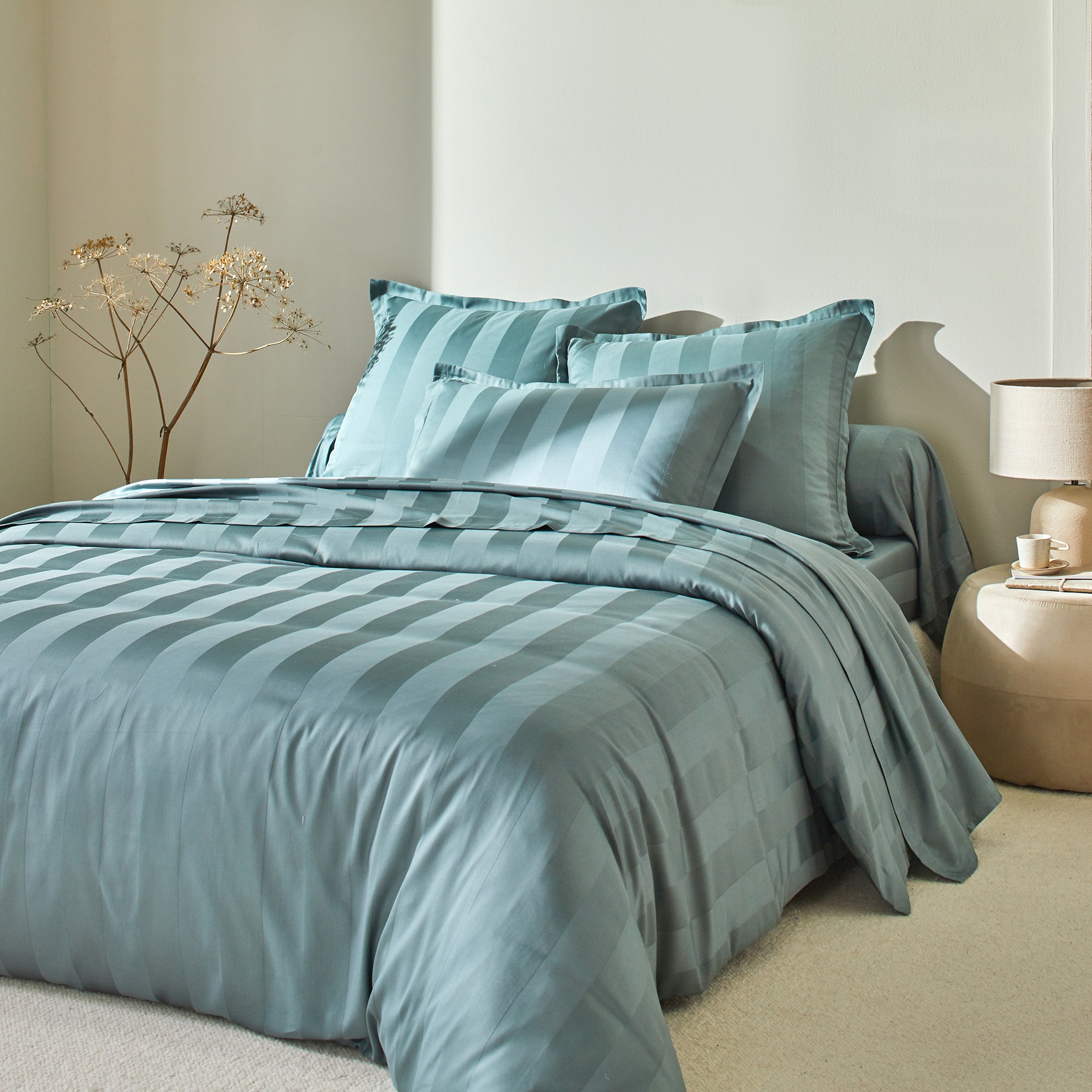 Linge de lit satin rayé - Drap Plat 2 Personnesonnes : 240x310cm - Vert - Colombine