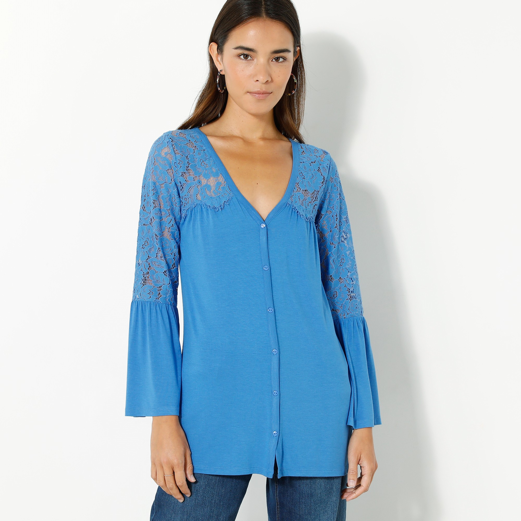 T-shirt Boutonné Manches 3/4 Dentelle - Blancheporte