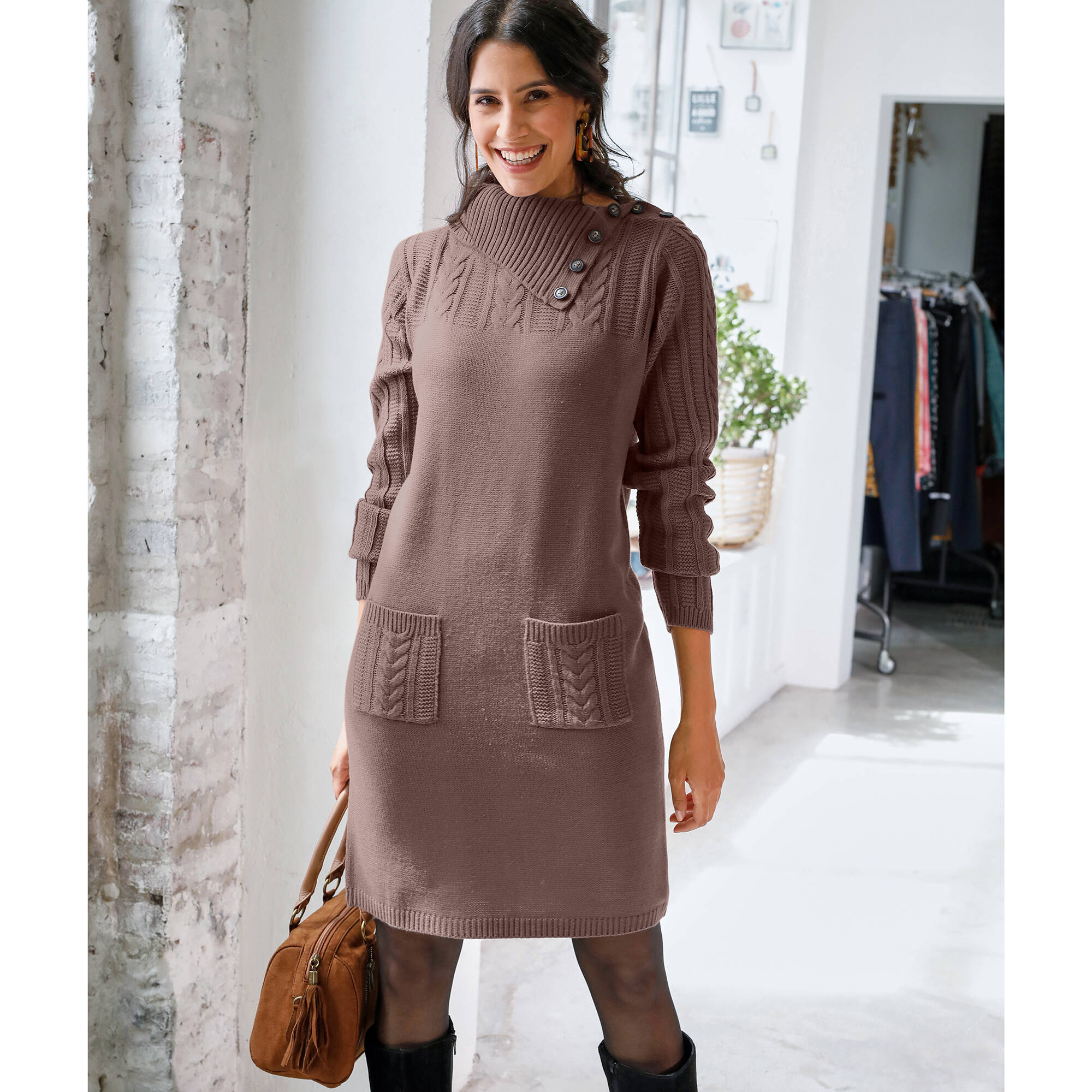 Robe pull maille torsadée, taupe Blancheporte