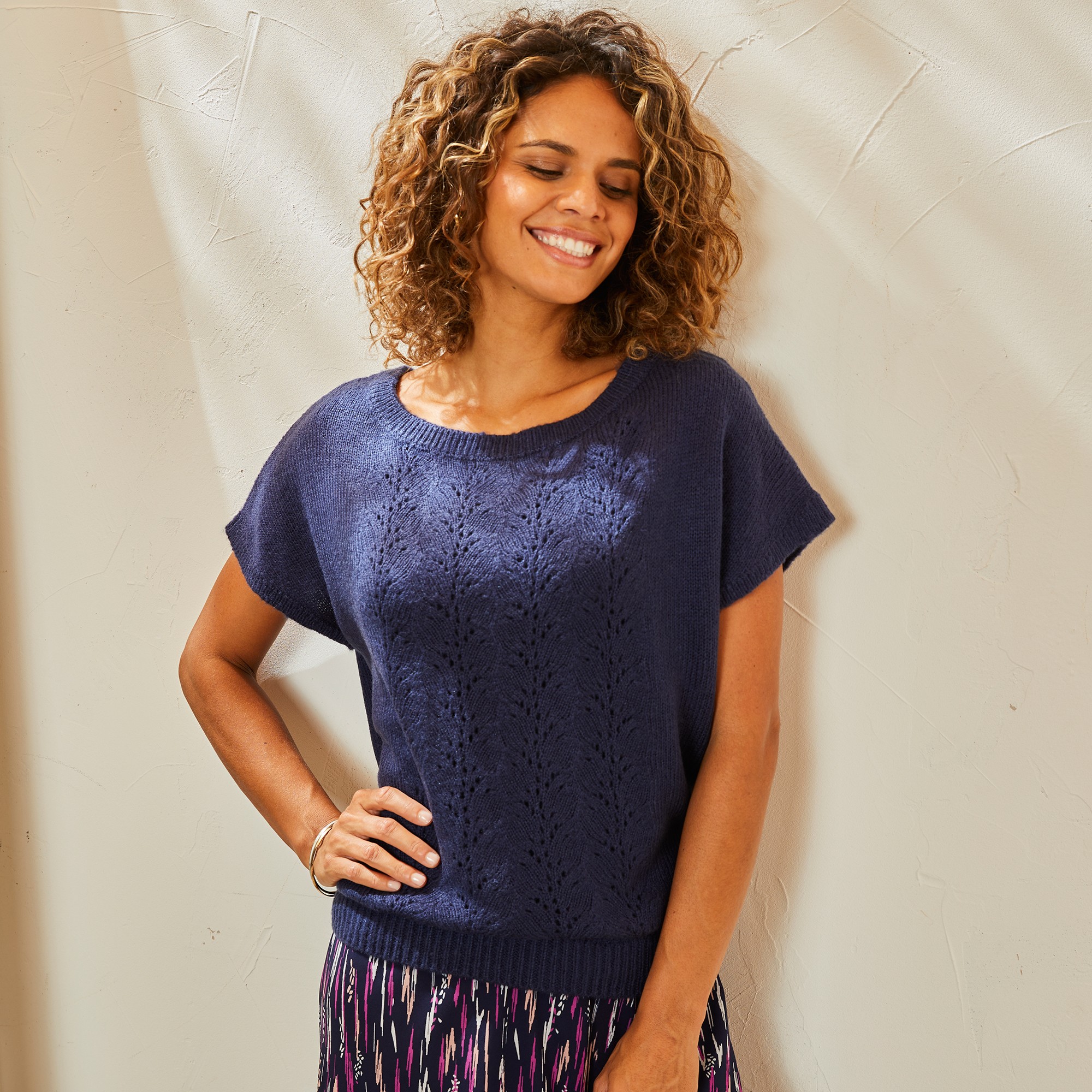 Pull Manches Courtes, Maille Ajourée Toucher Mohair - Blancheporte