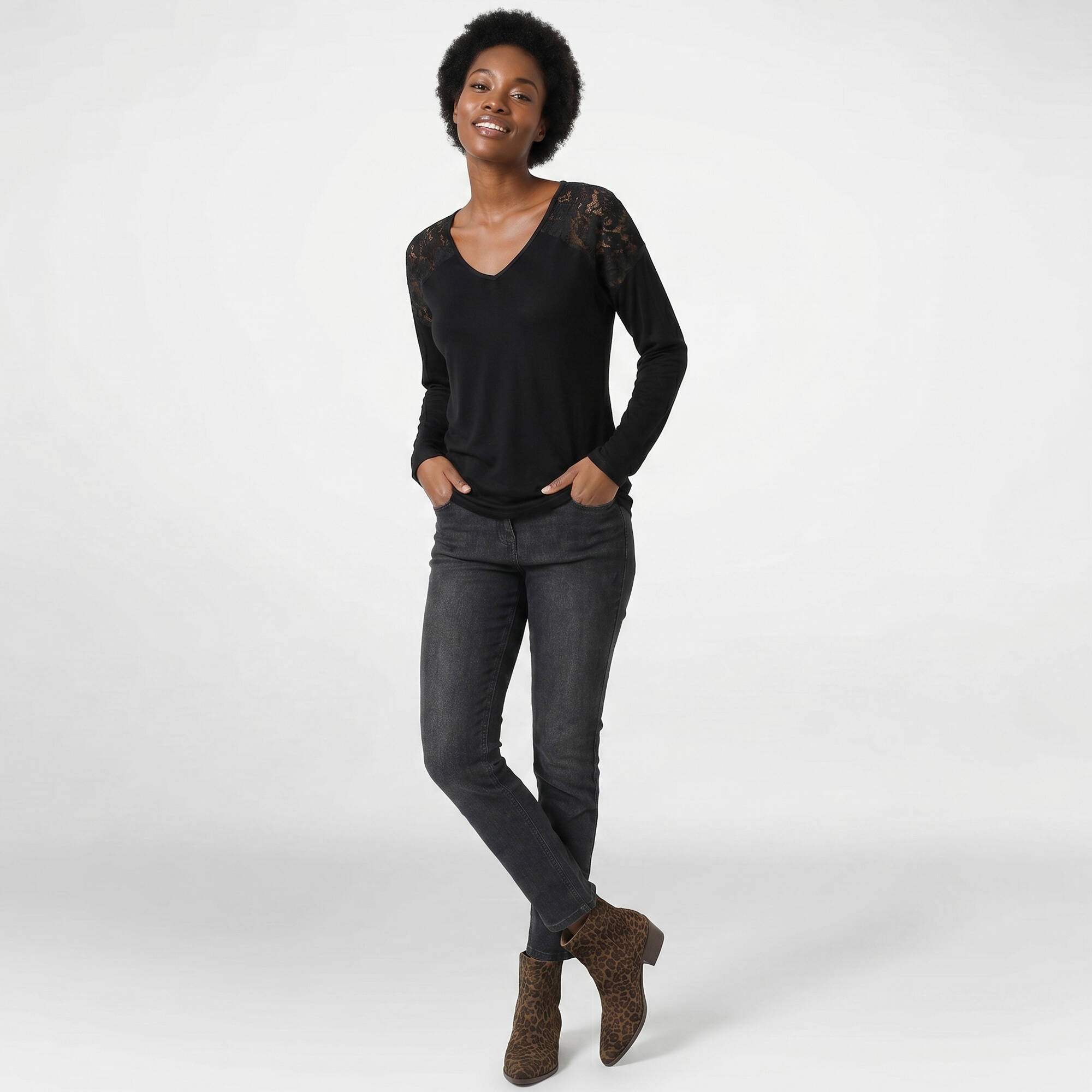 T-shirt col V manches longues dentelle - Blancheporte 26$
