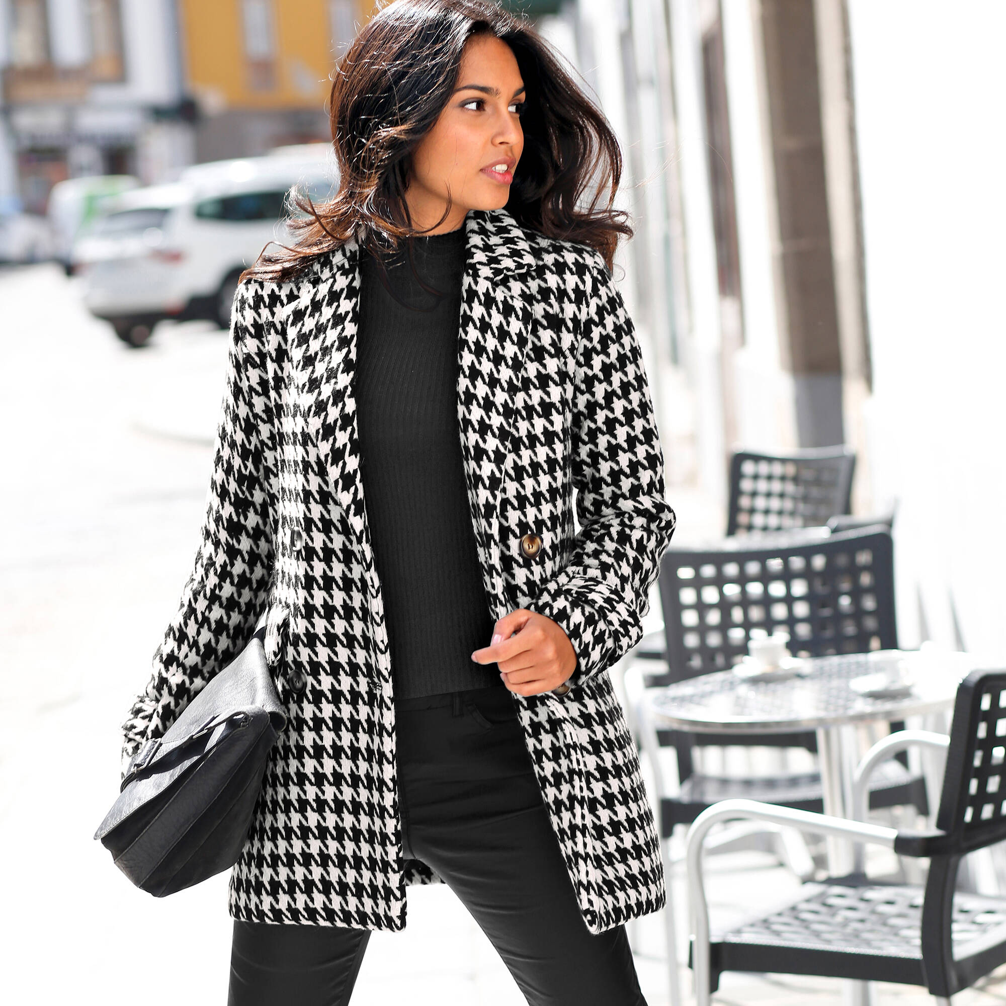 Manteau caban boutonne imprime pied de poule aspect drap de laine
