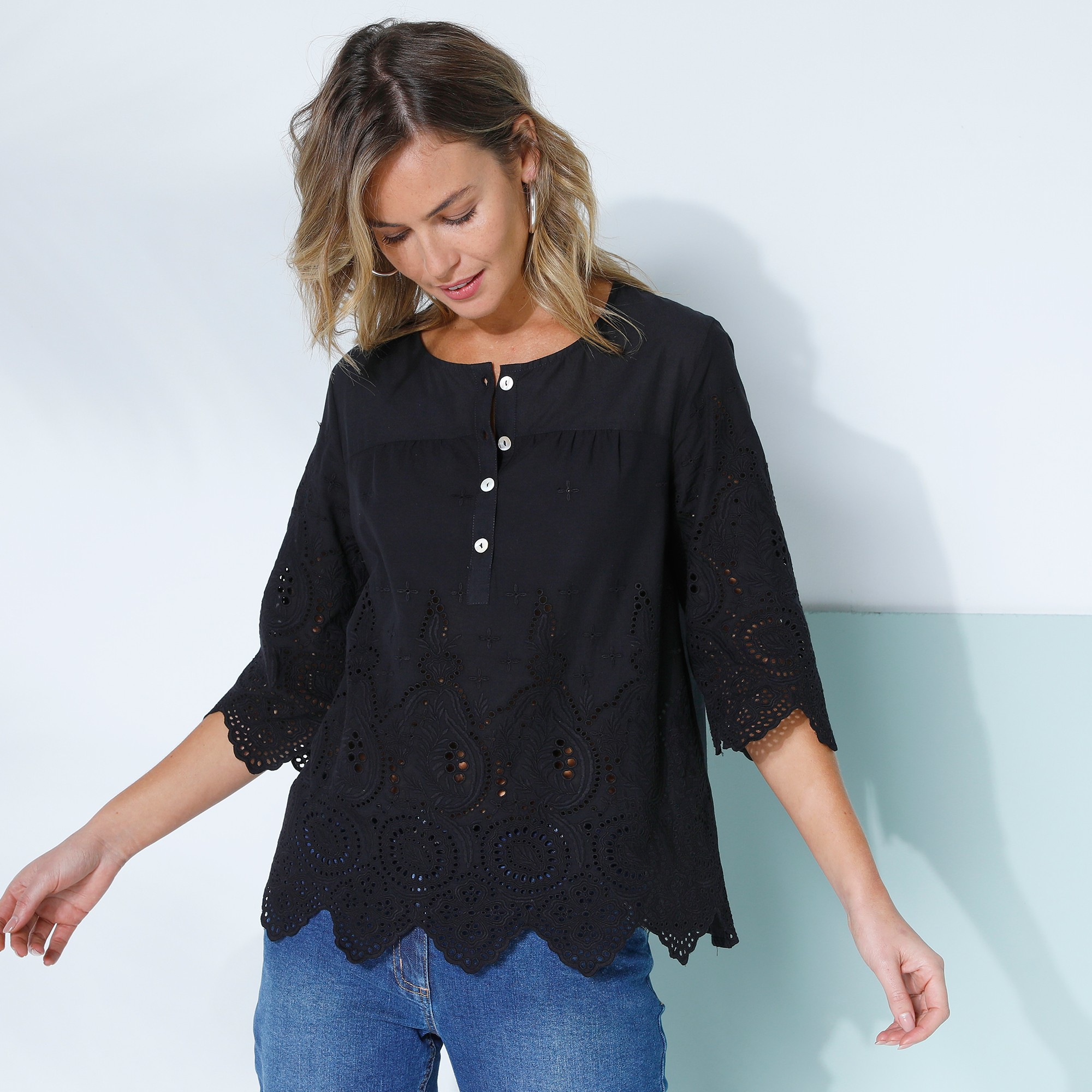 Blouse Unie Manches 3/4, Broderie Anglaise - Blancheporte