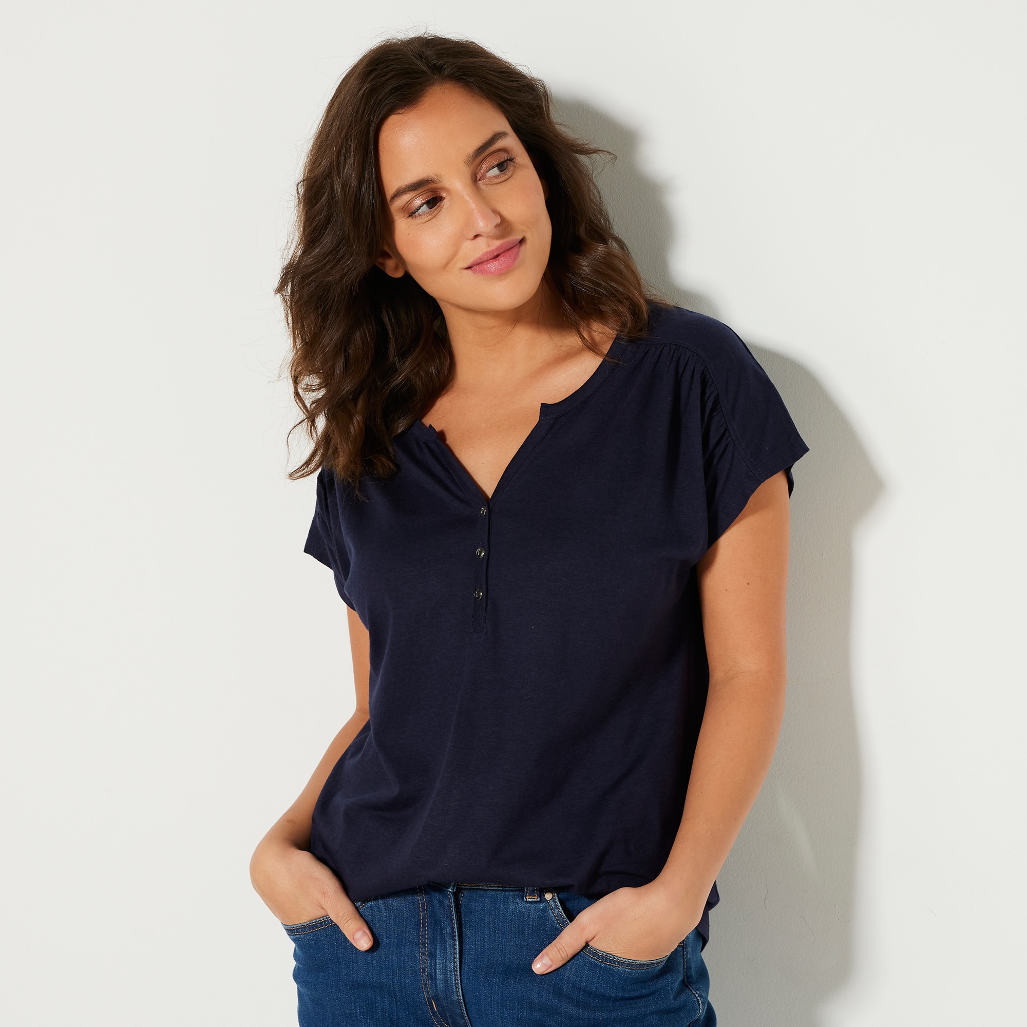 Tee-shirt Col Tunisien Manches Courtes, Uni - Blancheporte