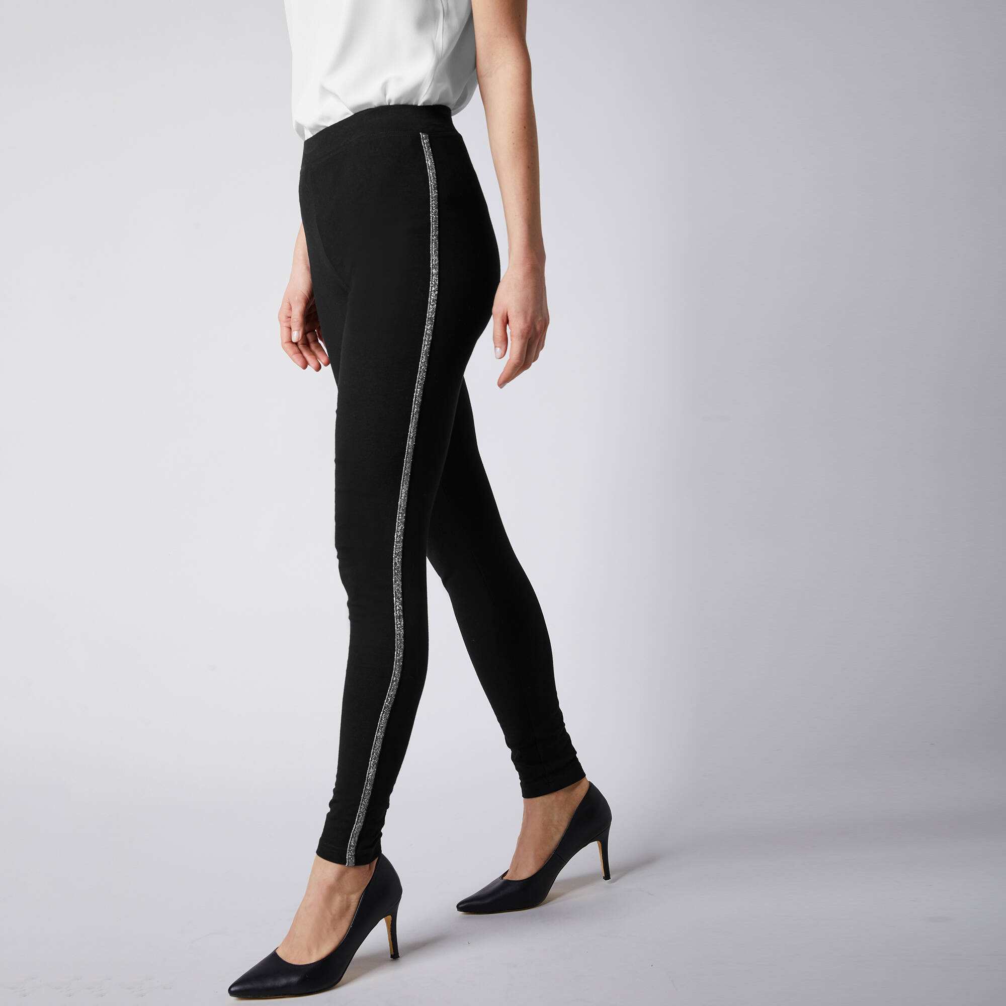 Legging Taille Haute Simili Cuir Brillant - Femme - Côté Bande - Fin Et Stretch