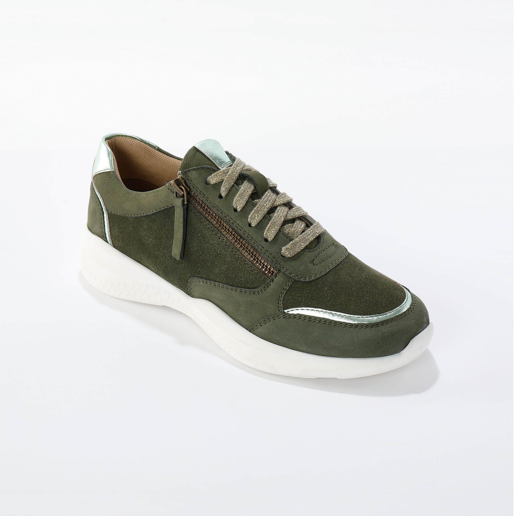 Baskets Zippées À Lacets, Cuir Et Textile - Blancheporte