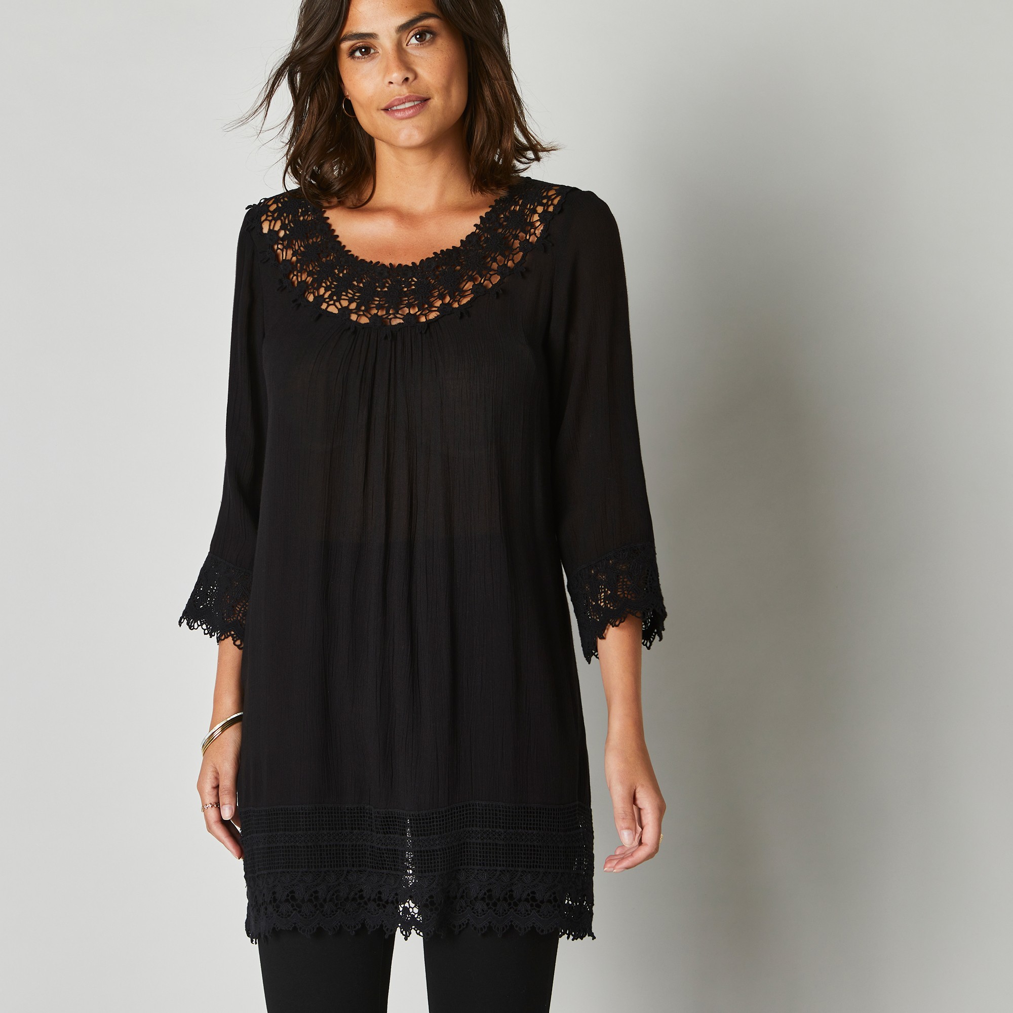 Tunique Macramé Manches 3/4, Crépon - Lora Zellini