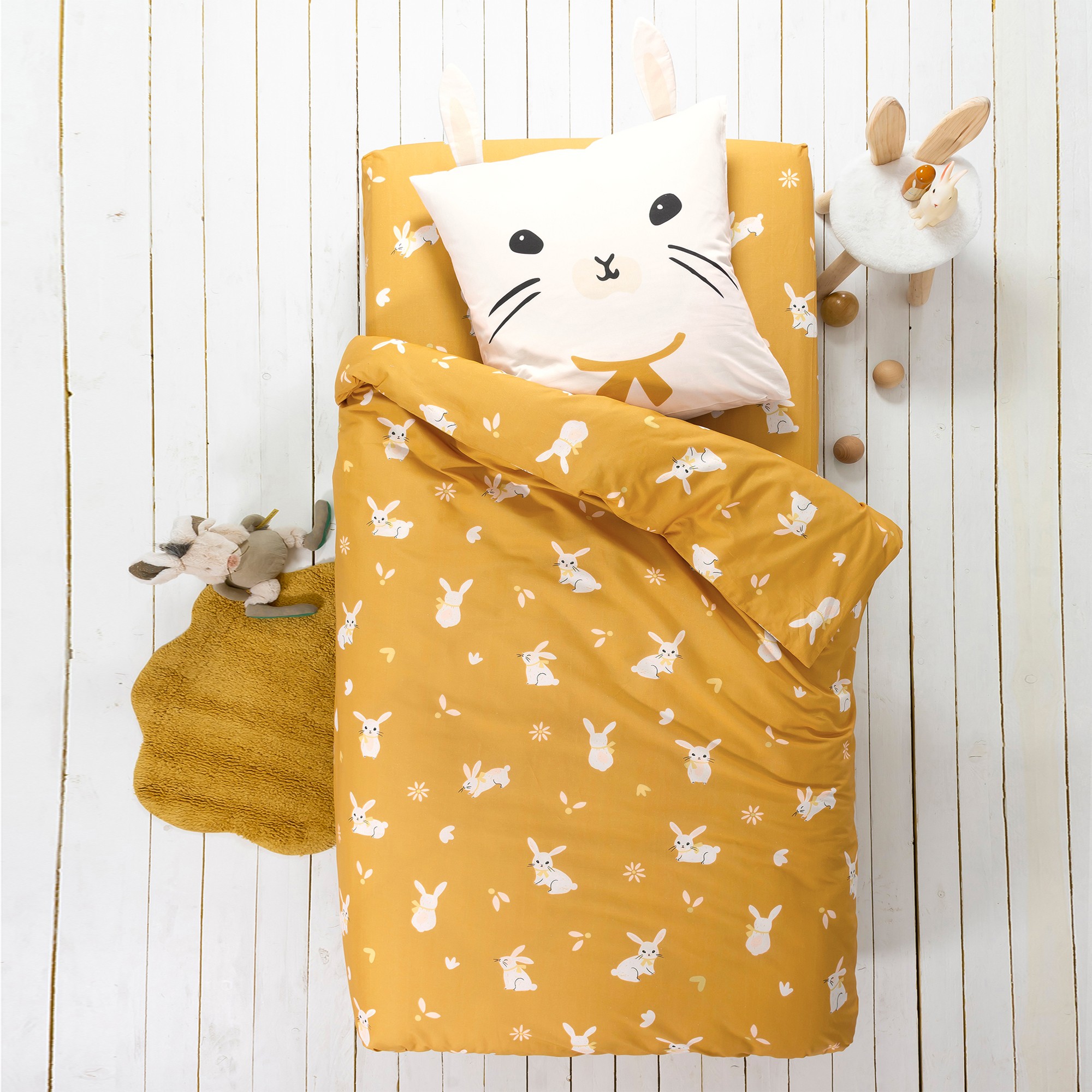 Linge de lit enfant imprimé Lapinou 1 personne - coton biologique(**) - Housse De Couette 1 Personne