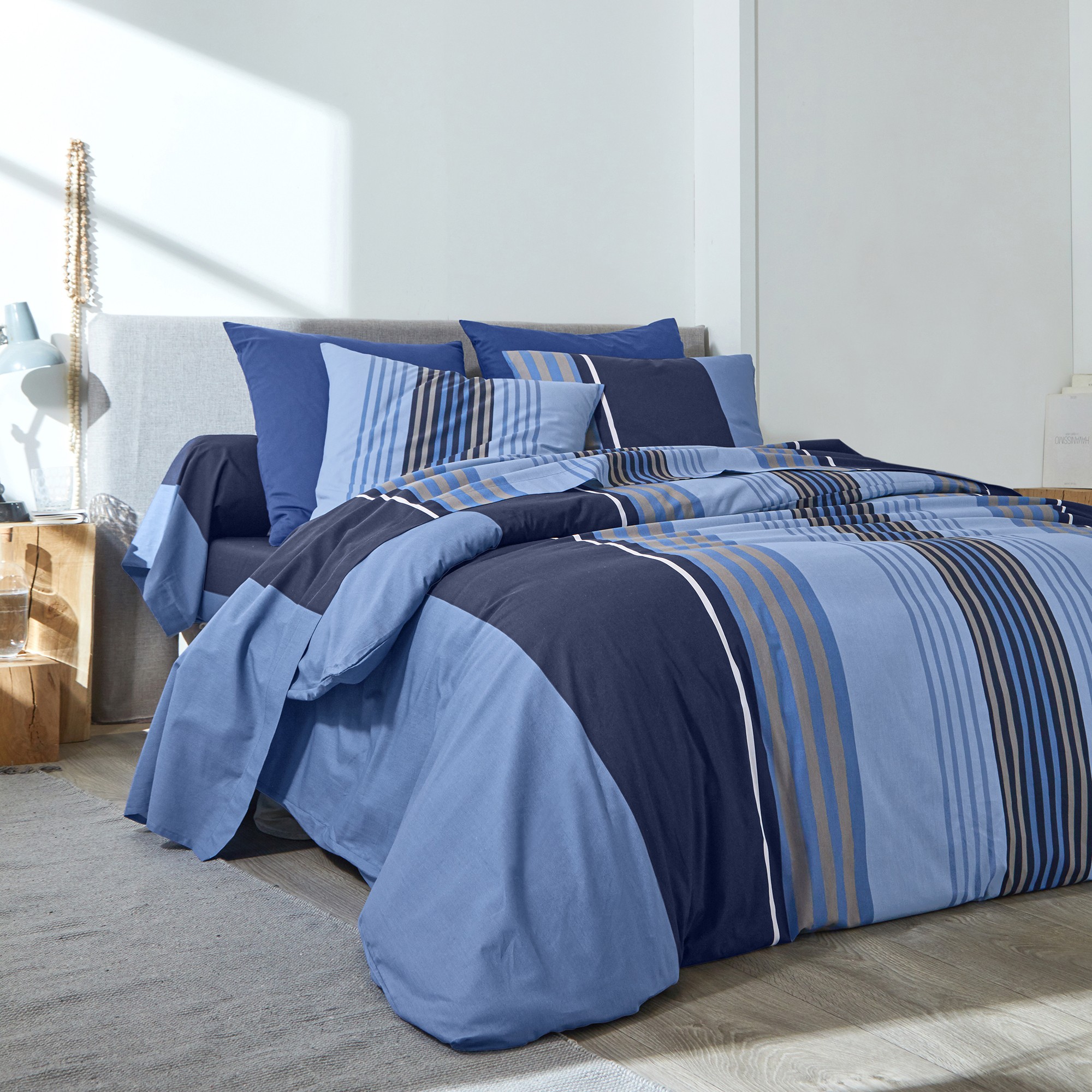 Linge de lit Détroit en coton imprimé rayures - Drap Plat 2 Personnesonnes : 270x300cm - Bleu - Colo
