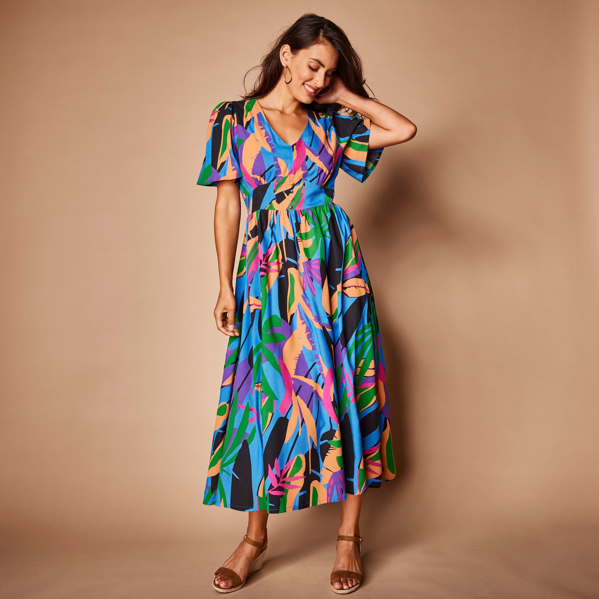 Robe longue imprimée, ceinture smockée dos - 36 - Bleu - Lora Zellini