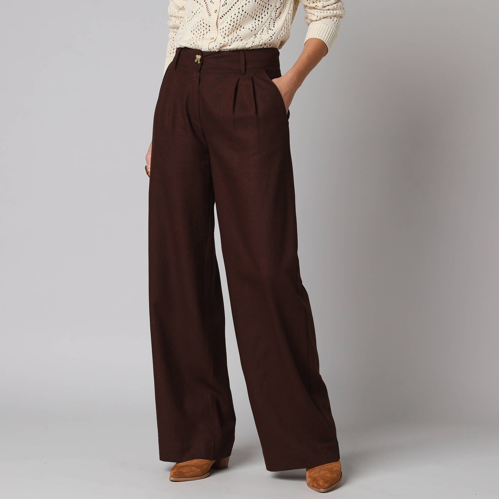 Pantalon large à pinces uni, en viscose-lin - Blancheporte
