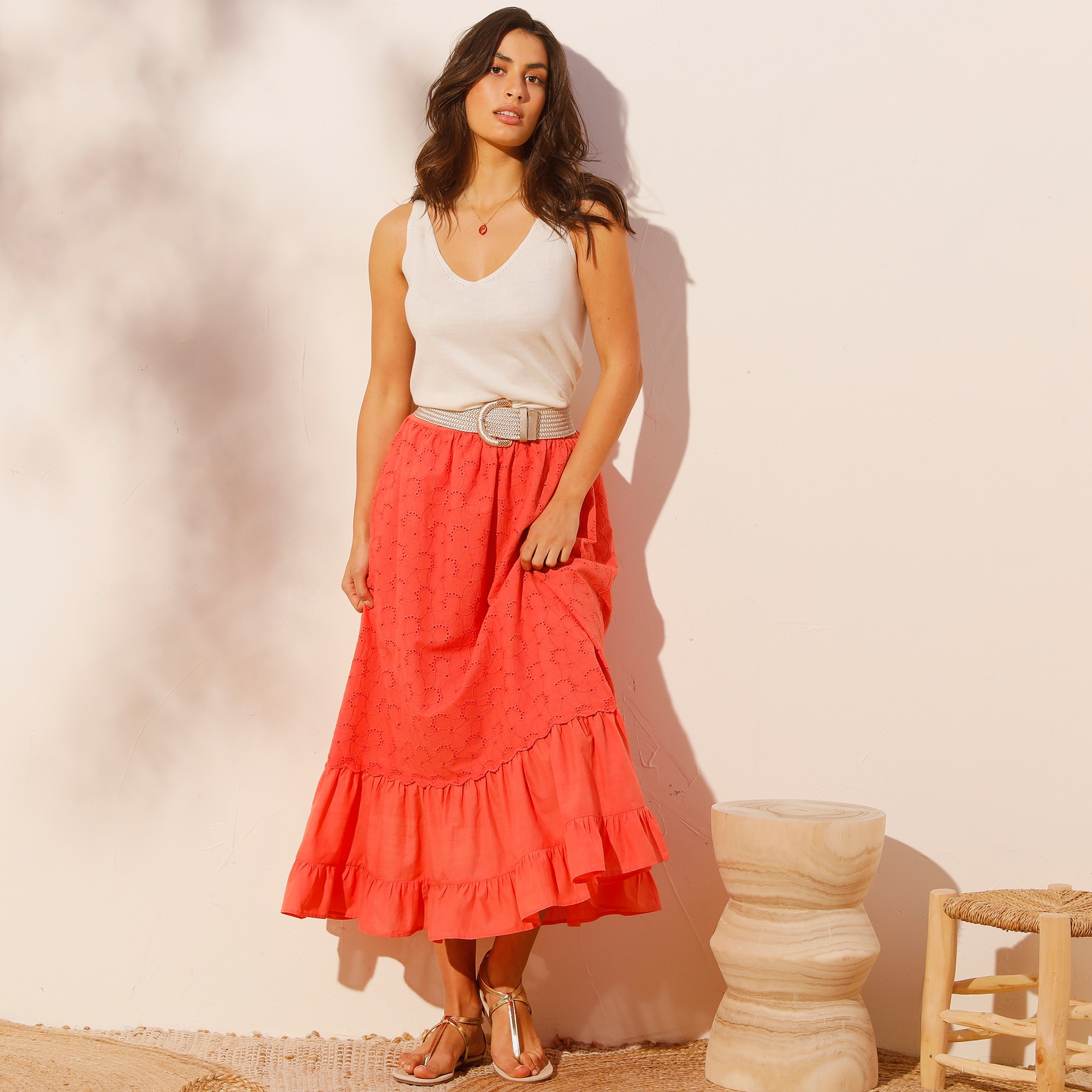 Jupe Longue Volantée En Broderie Anglaise - Coeur au Sud