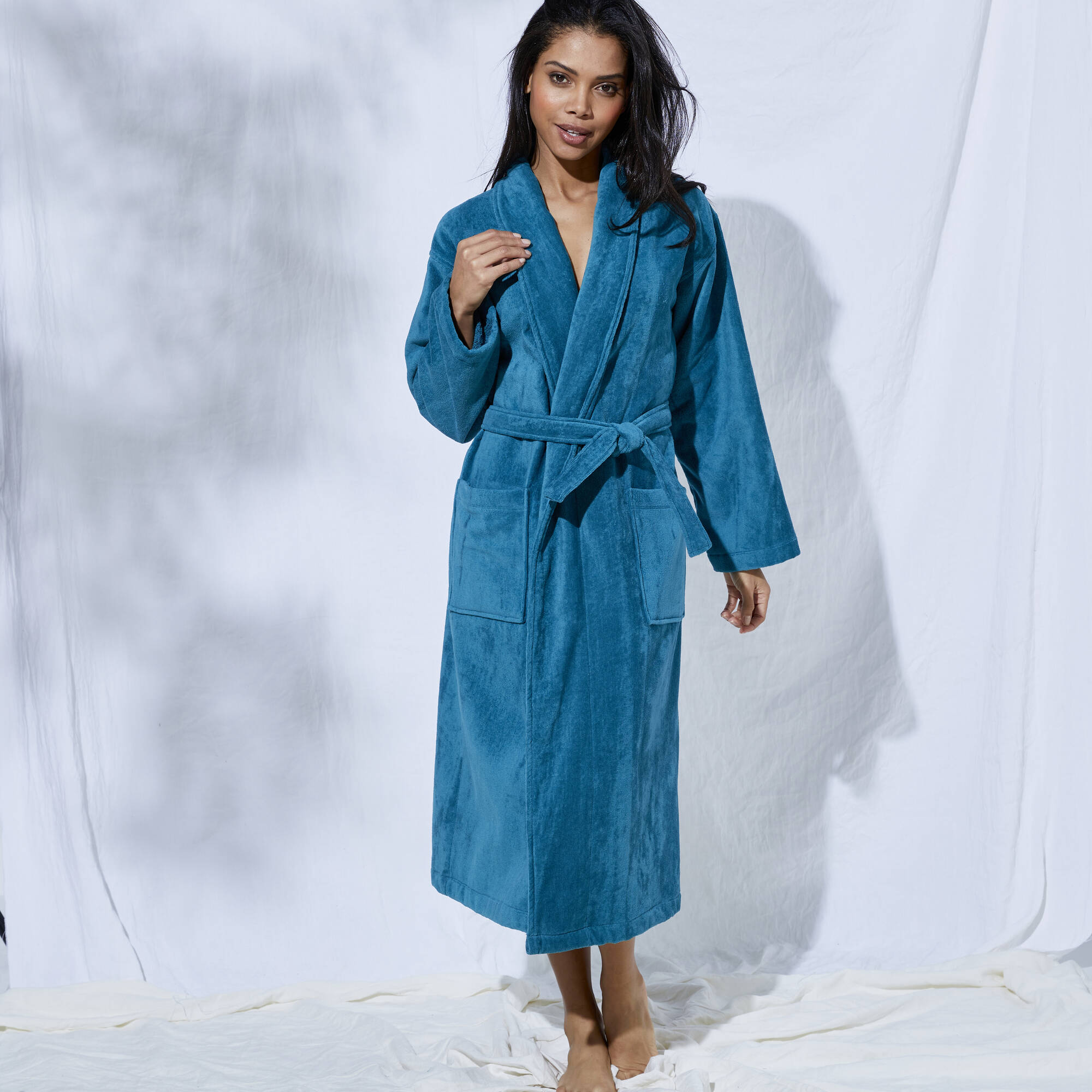 Peignoir mixte adulte eponge velours col chale bleu paon Blancheporte