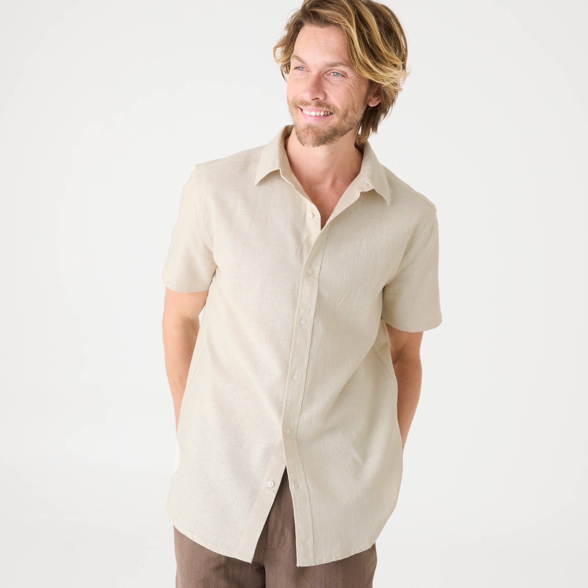 Chemise coton lin manches courtes boutonnée - Blancheporte