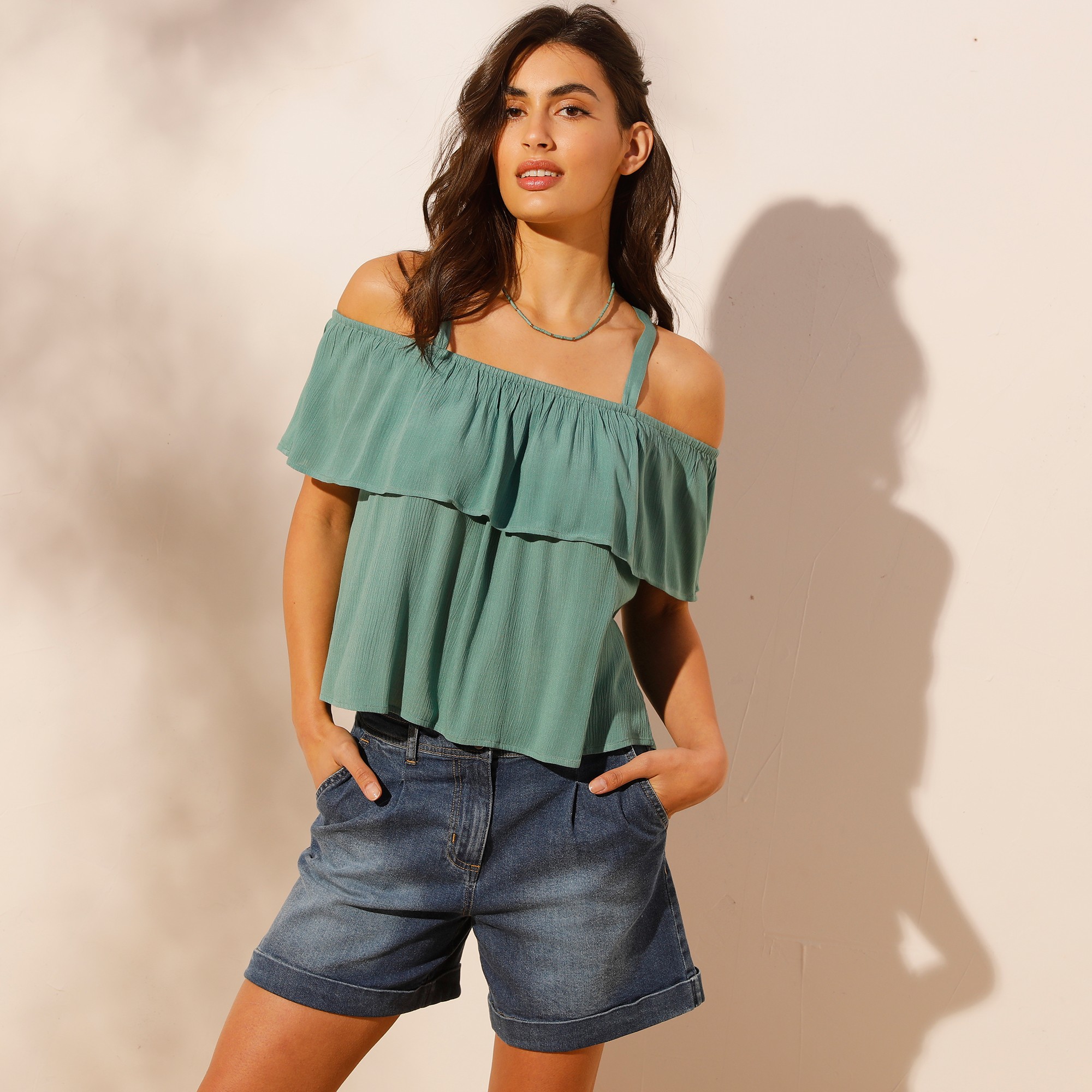 Débardeur top volanté crépon - 52 - Vert - Coeur Au Sud