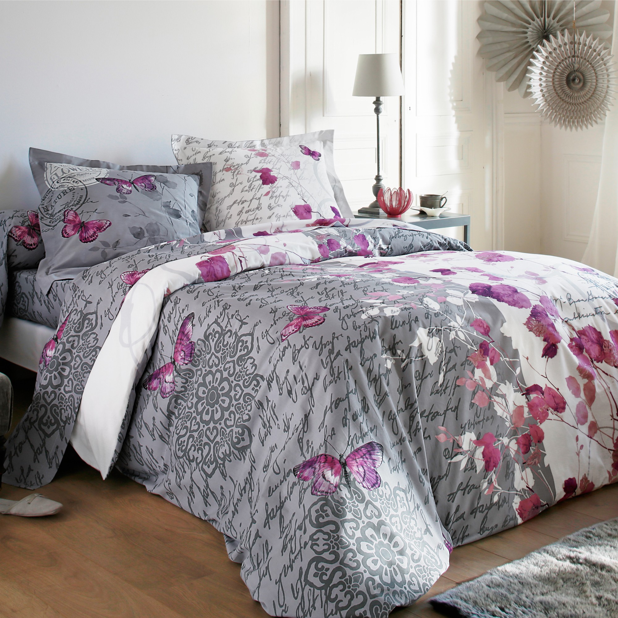 Linge de lit Célestine polycoton imprimé fleurs et papillons - Drap-housse 2 Personnesonnes : 140x19