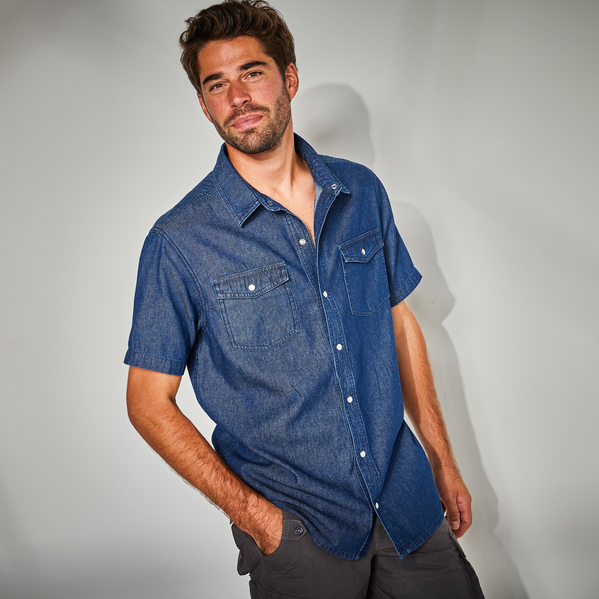 Chemise Pressionnée Manches Courtes En Jean - Blancheporte