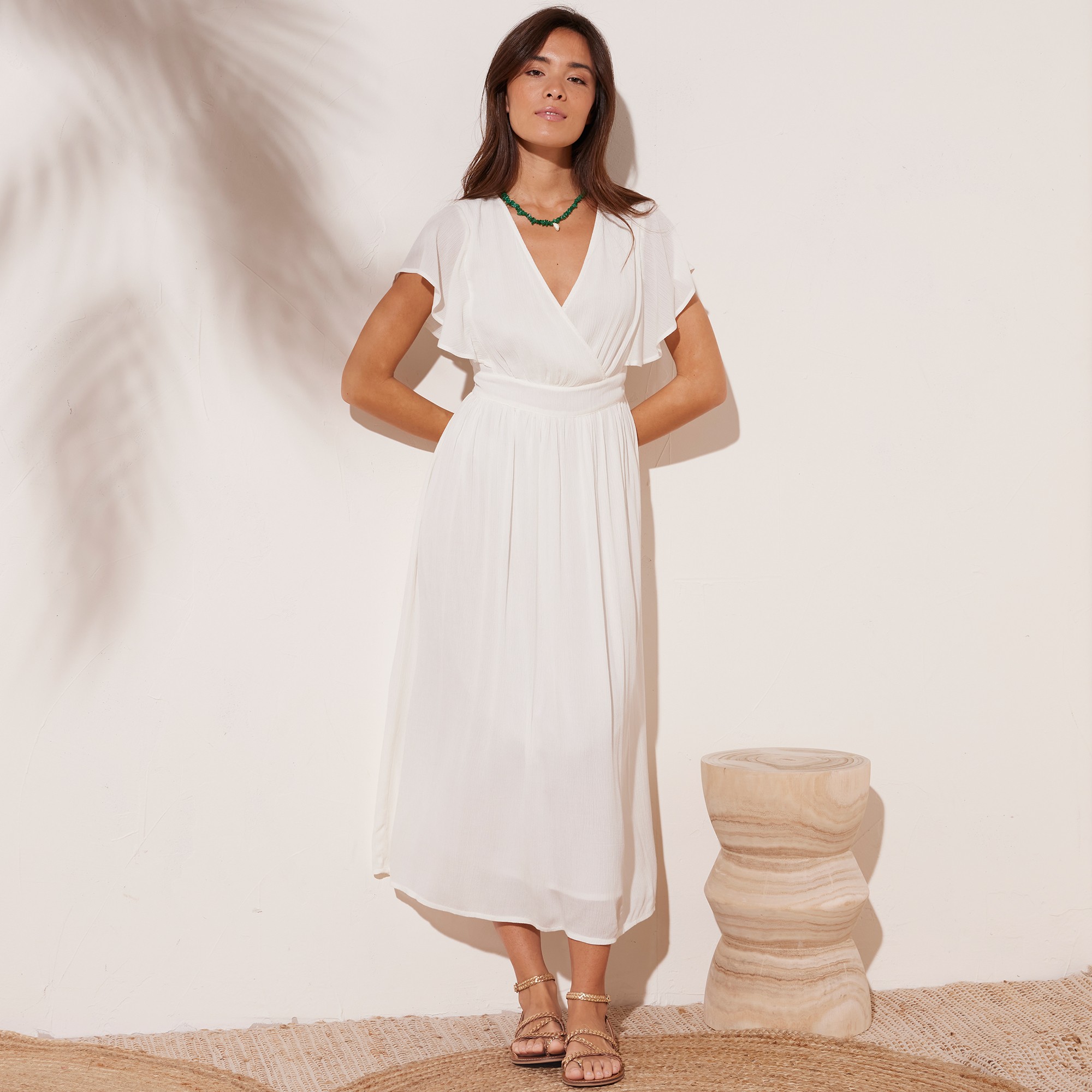 Robe volantée cache-coeur unie, crépon - 56 - Blanc - Lora Zellini