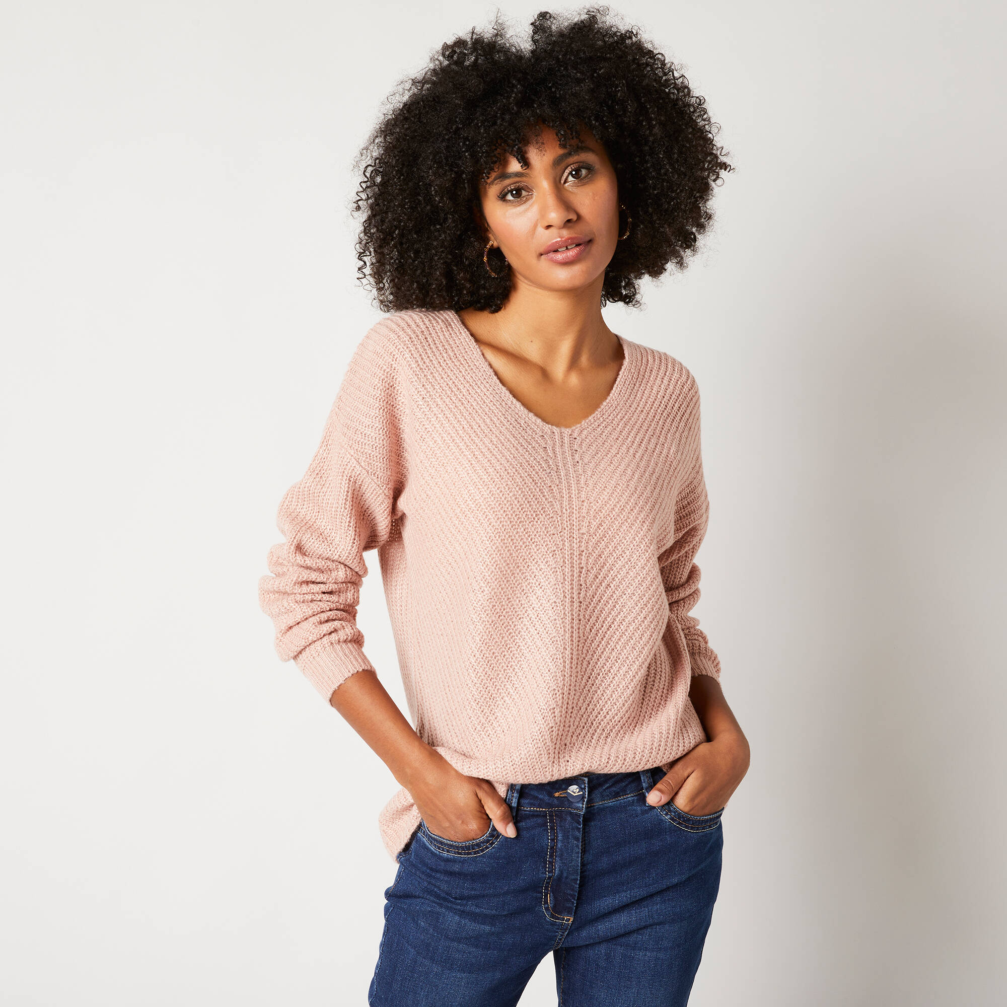 Pull Col En V Canda Pour Femme - Taille 46 (Plus) - Couleur Gris Clair/rose - Occasion Très Bon état