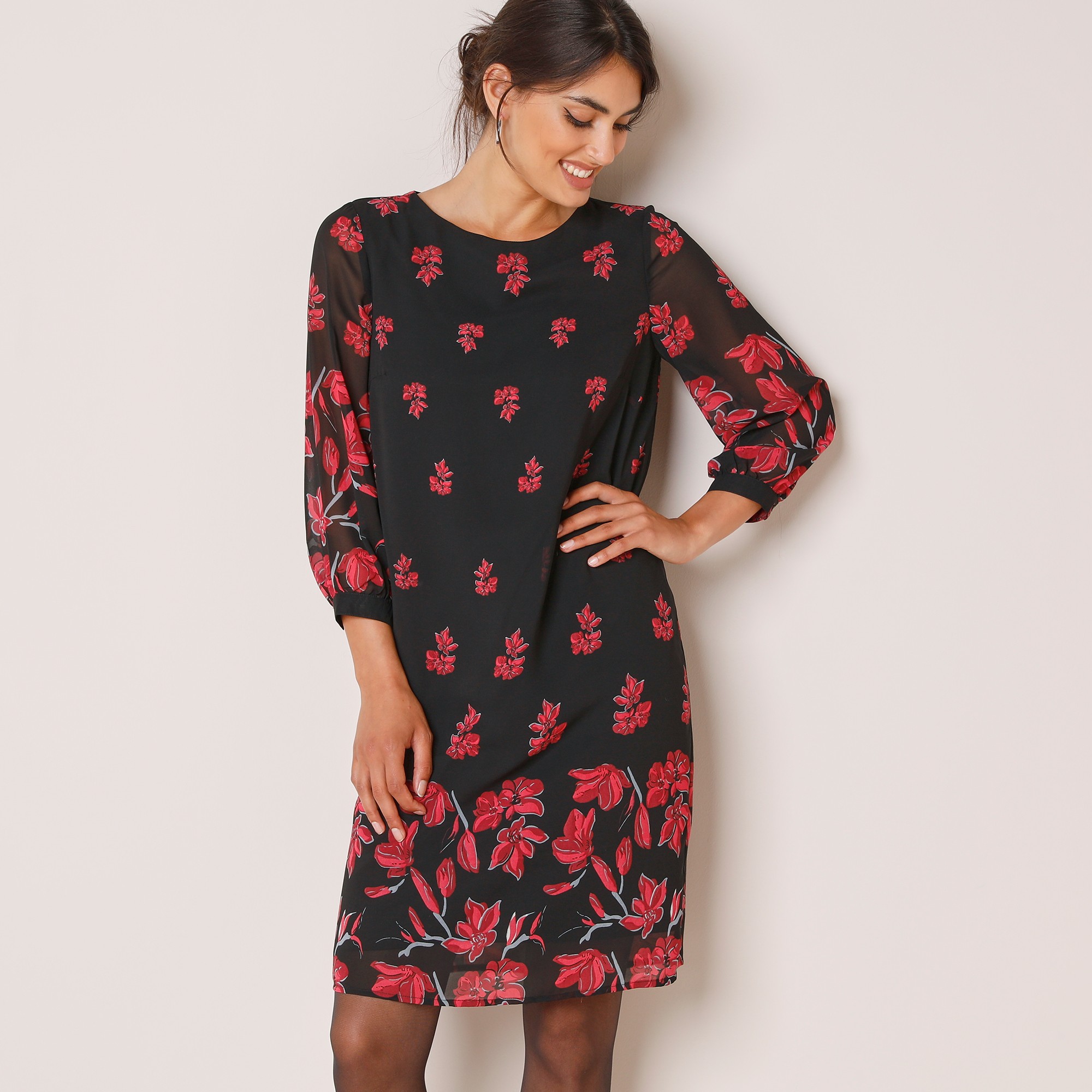 Robe en voile imprime manches 3 4 noir rouge Blancheporte