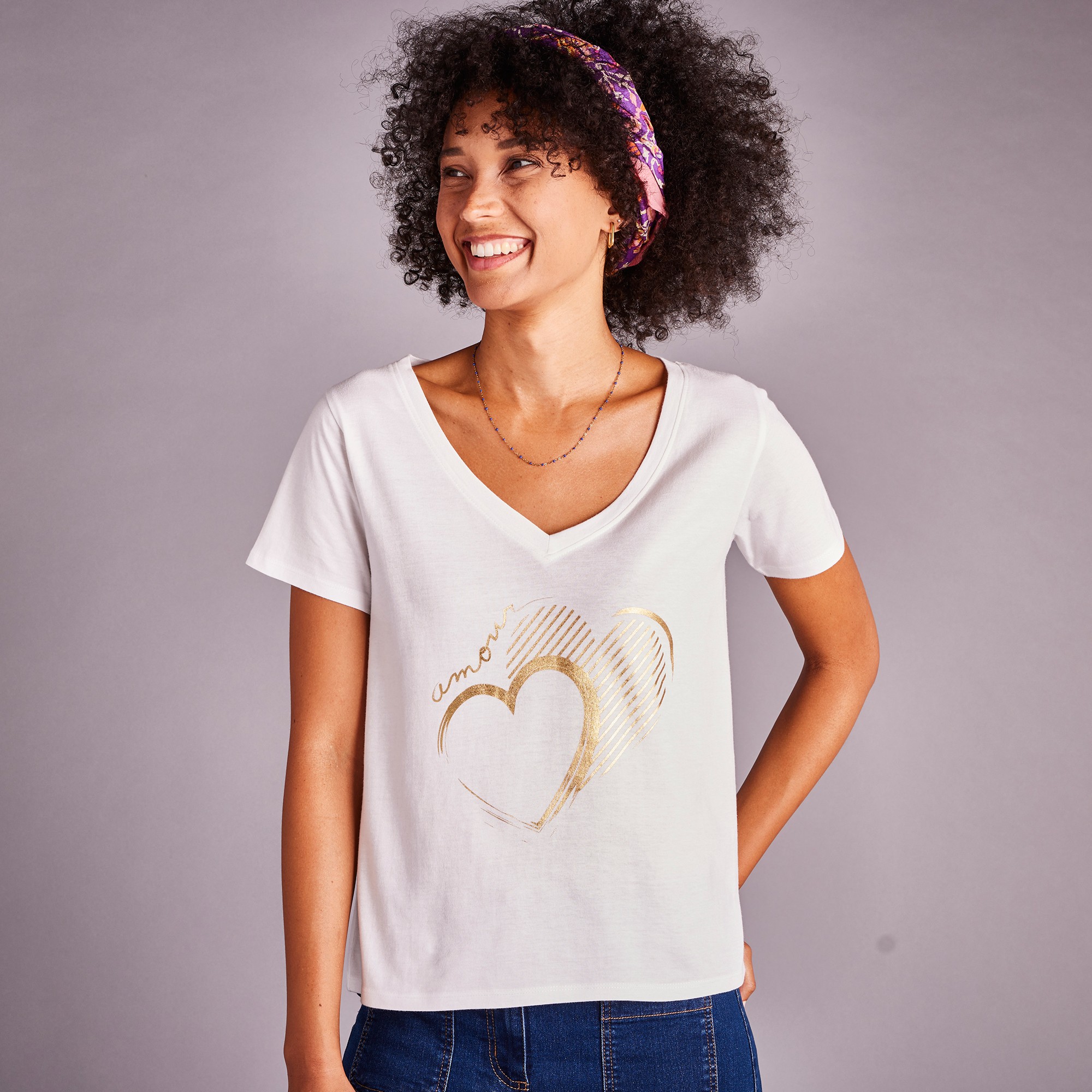 T-shirt Col V Imprimé Doré - Blancheporte