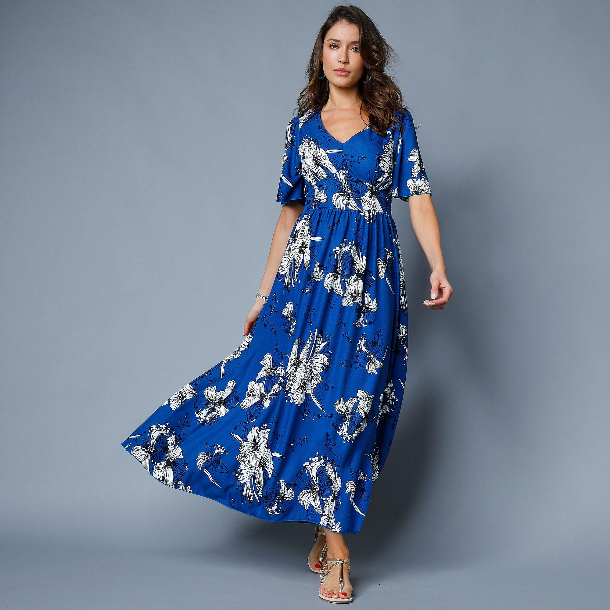 Robe Longue Imprimée, Manches Évasées - Lora Zellini