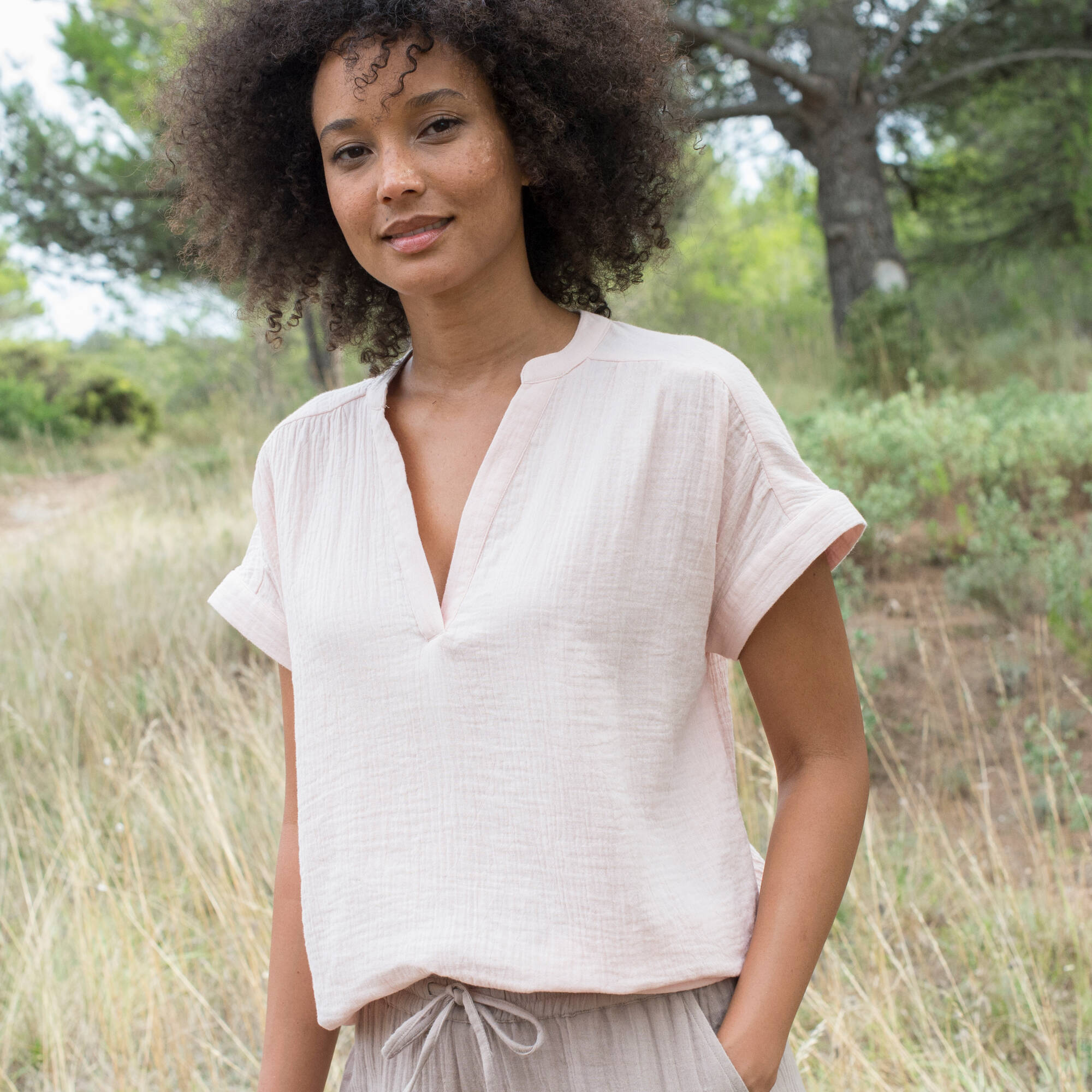 Blouse col tunisien unie en double gaze de coton  - Blancheporte