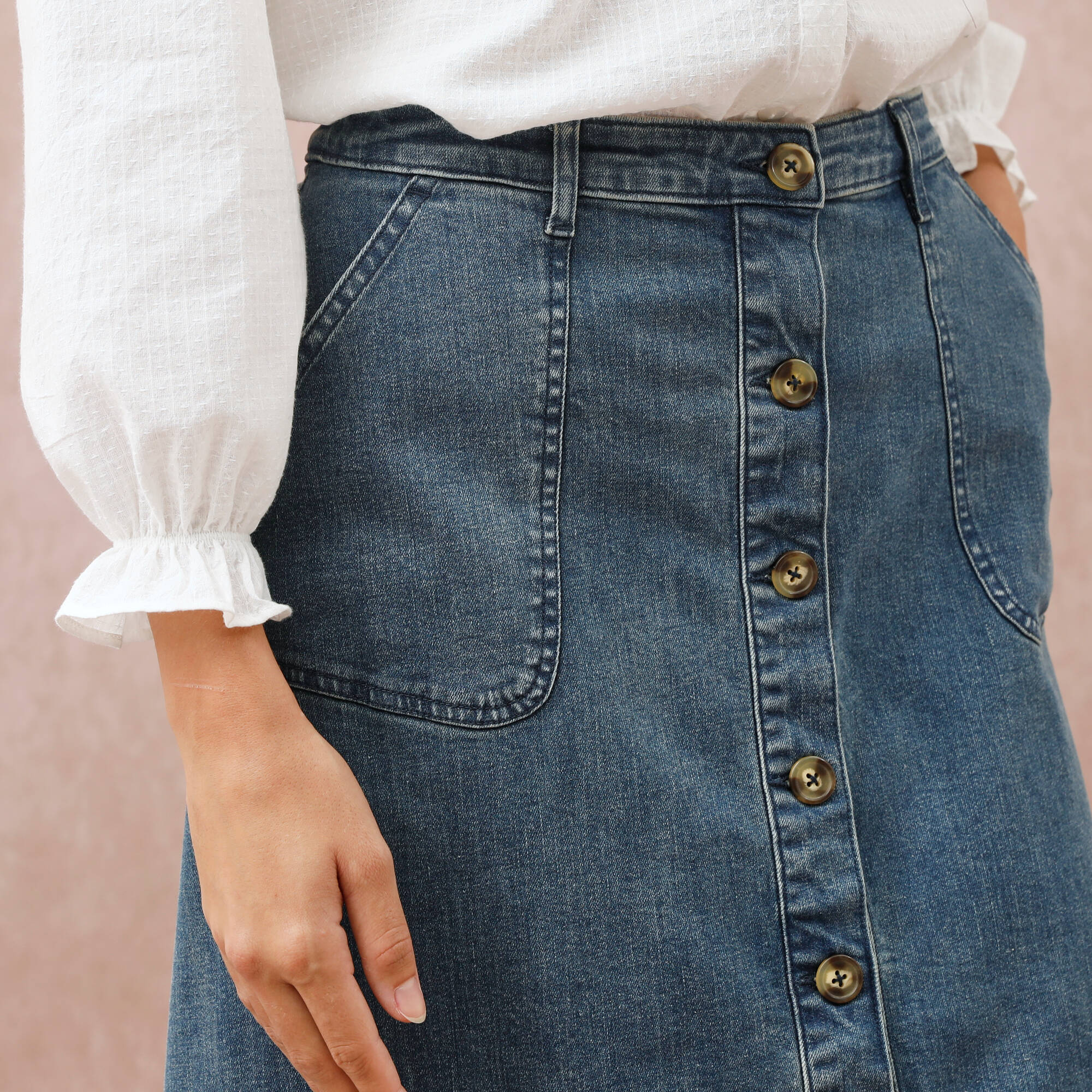Jupe Fat Face En Jean Bleu - Taille 8 - Femme - Boutonnée Devant - Genoux