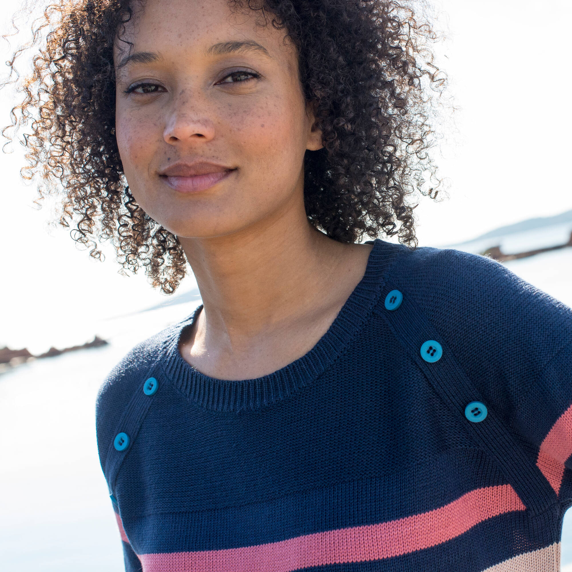 FeMereina Pull en tricot rayé pour femme, oversize, à manches longues, col rond, avec design de couleur en horloge, tendance et mignon, bleu, S