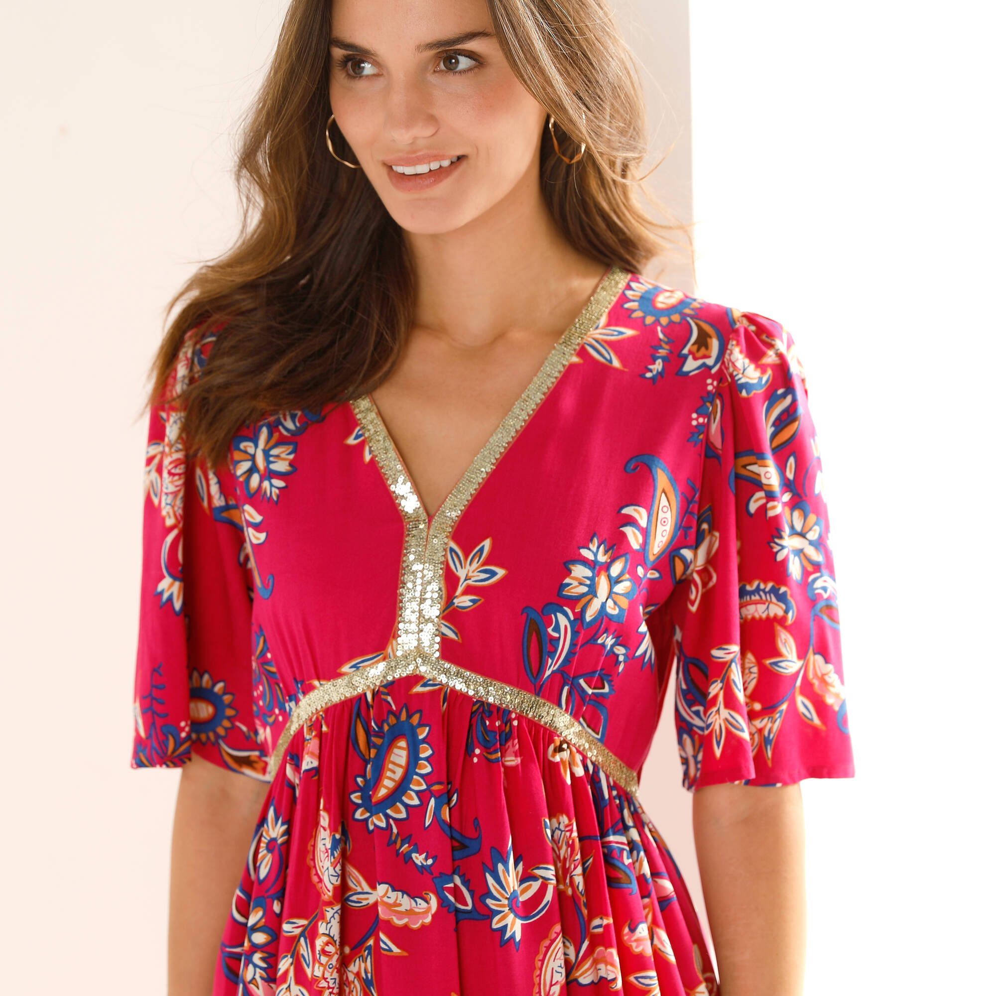 Robe longue imprimée, détails sequins - Blancheporte