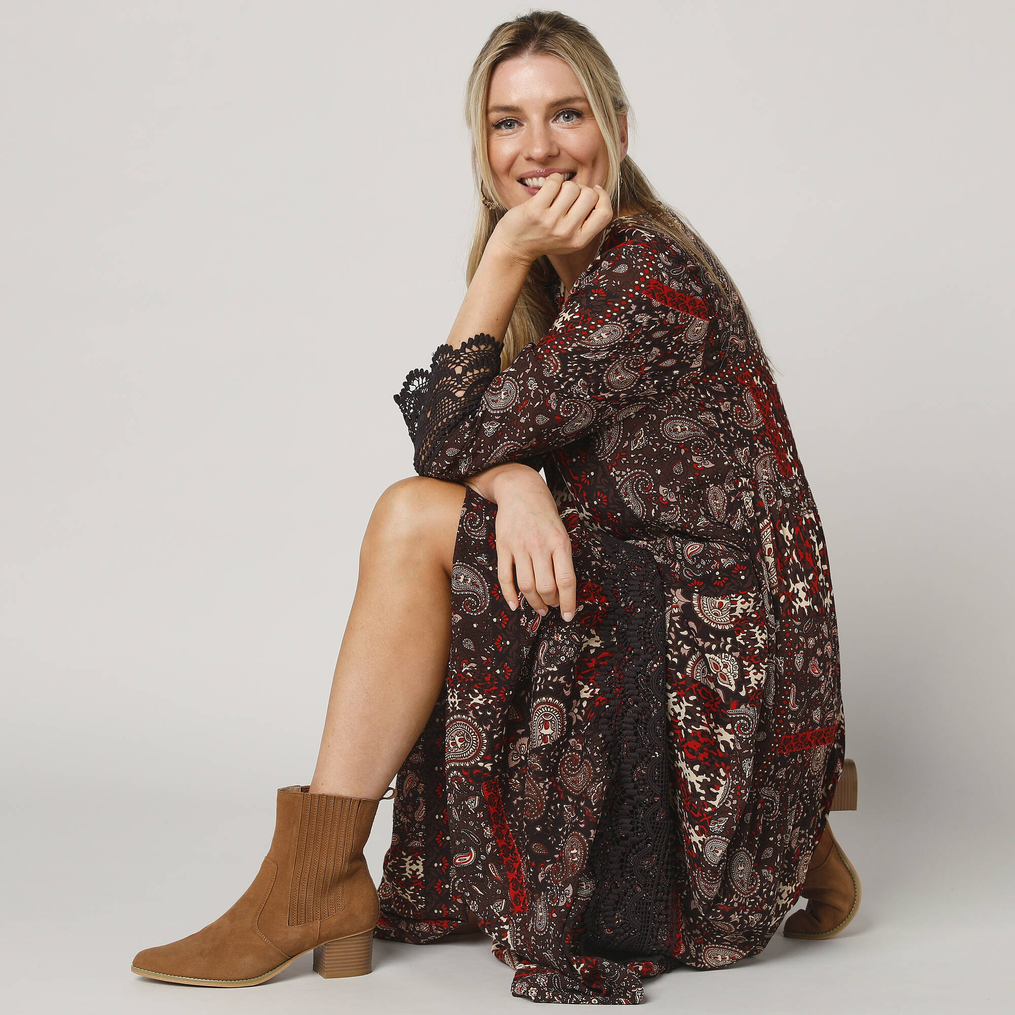 Robe longue imprimee boheme details en macrame chocolat beige Blancheporte