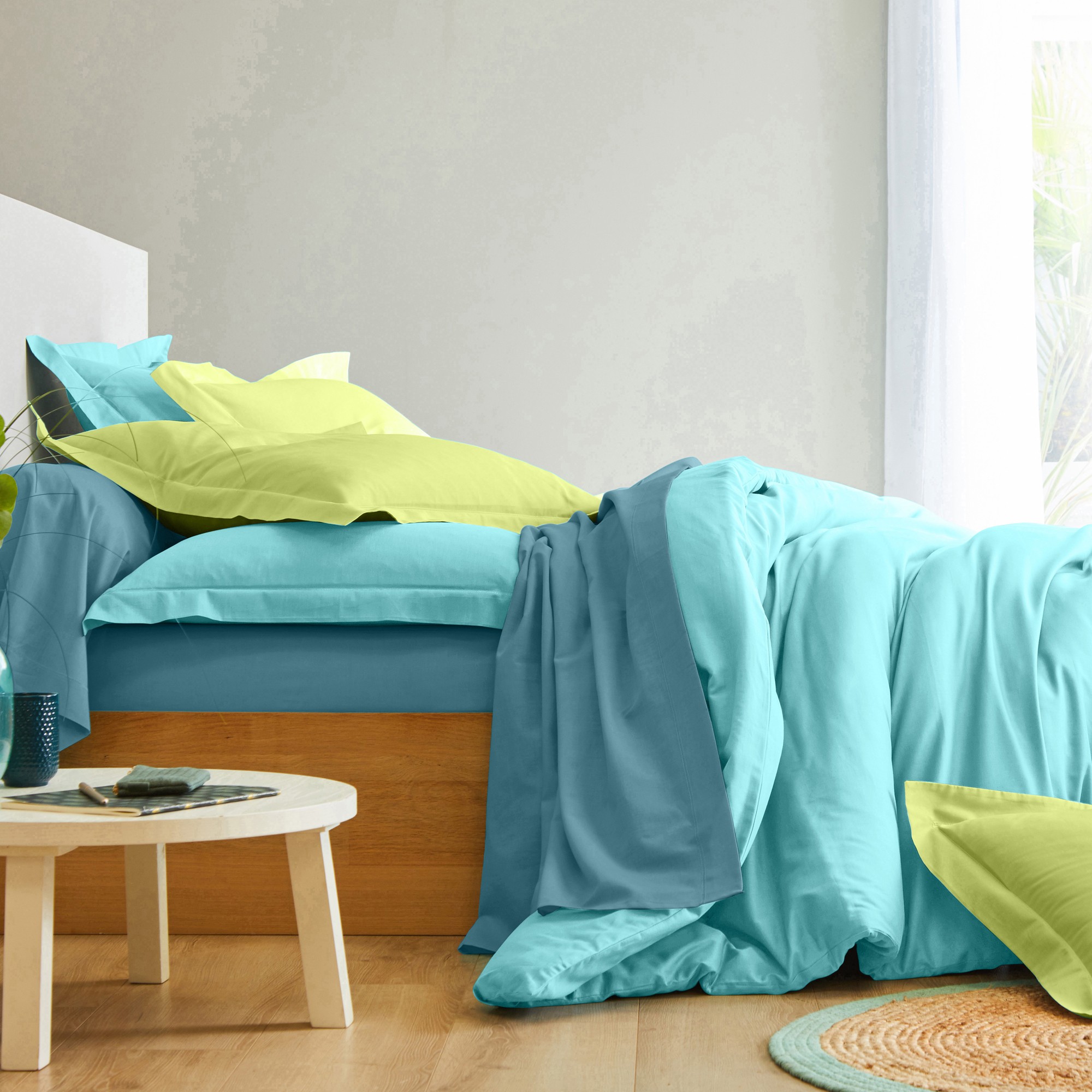 Linge de lit uni coton - Taie D'oreiller Volant Plat : 63x63cm - Vert - Colombine