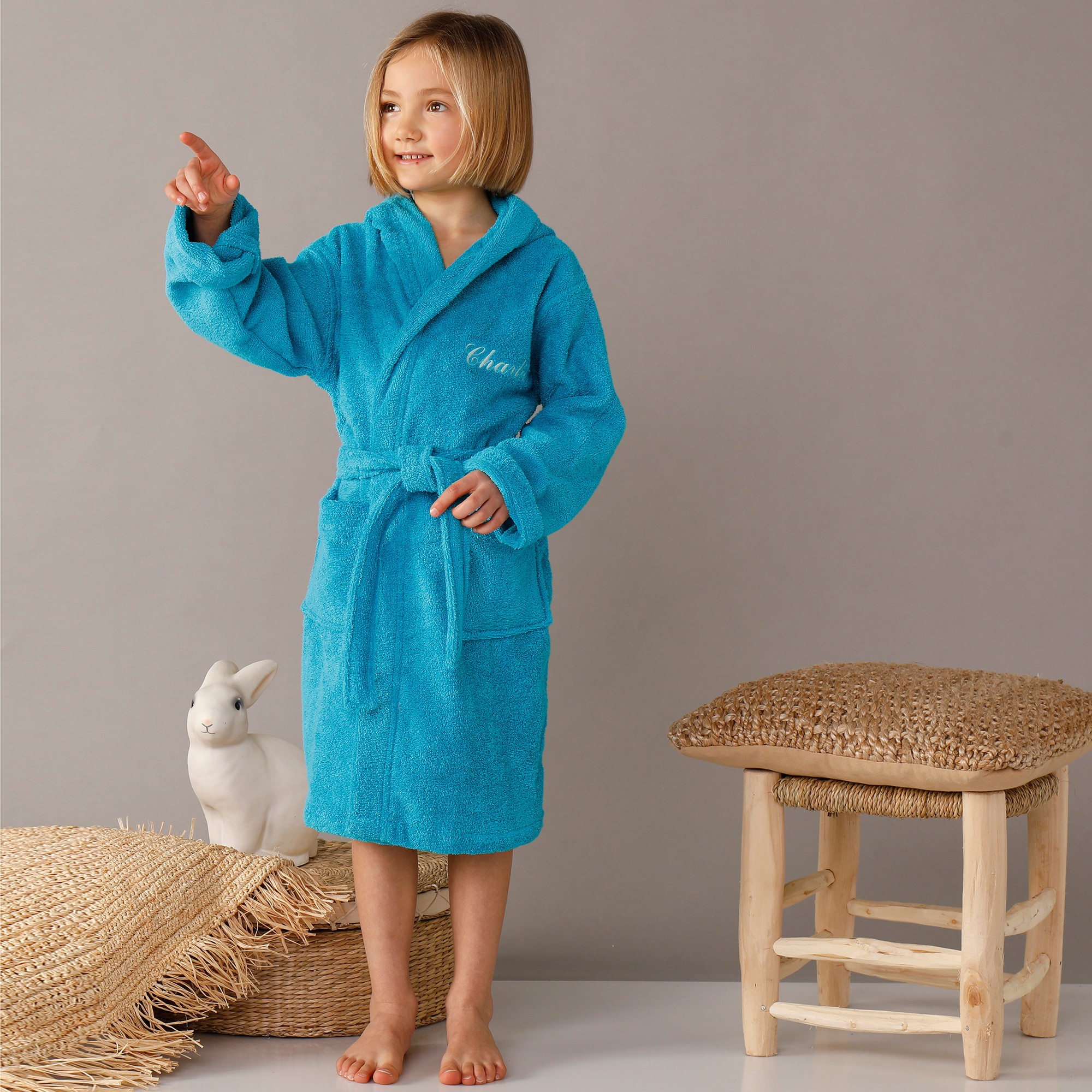 Peignoir enfant ponge capuche personnalisable turquoise