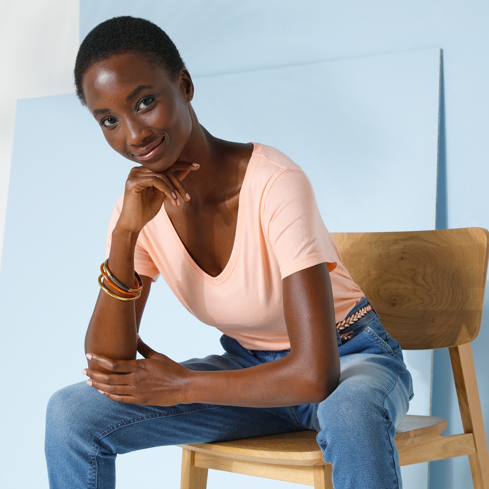 T-shirt Col V Uni Manches Courtes Coton - Blancheporte