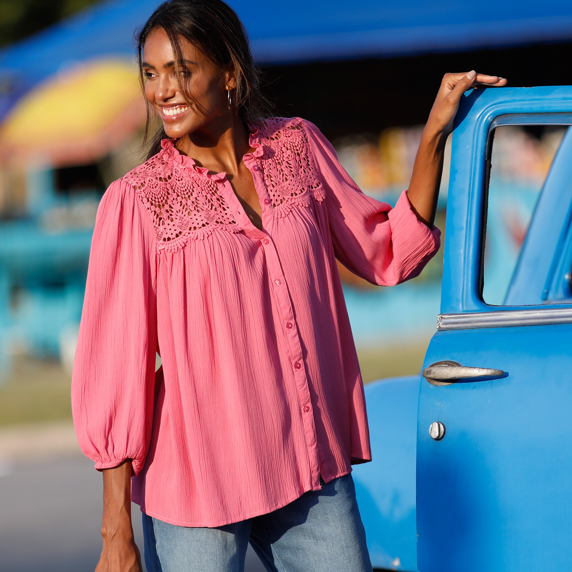 Chemisier Boutonné Macramé, Col Volanté - Blancheporte