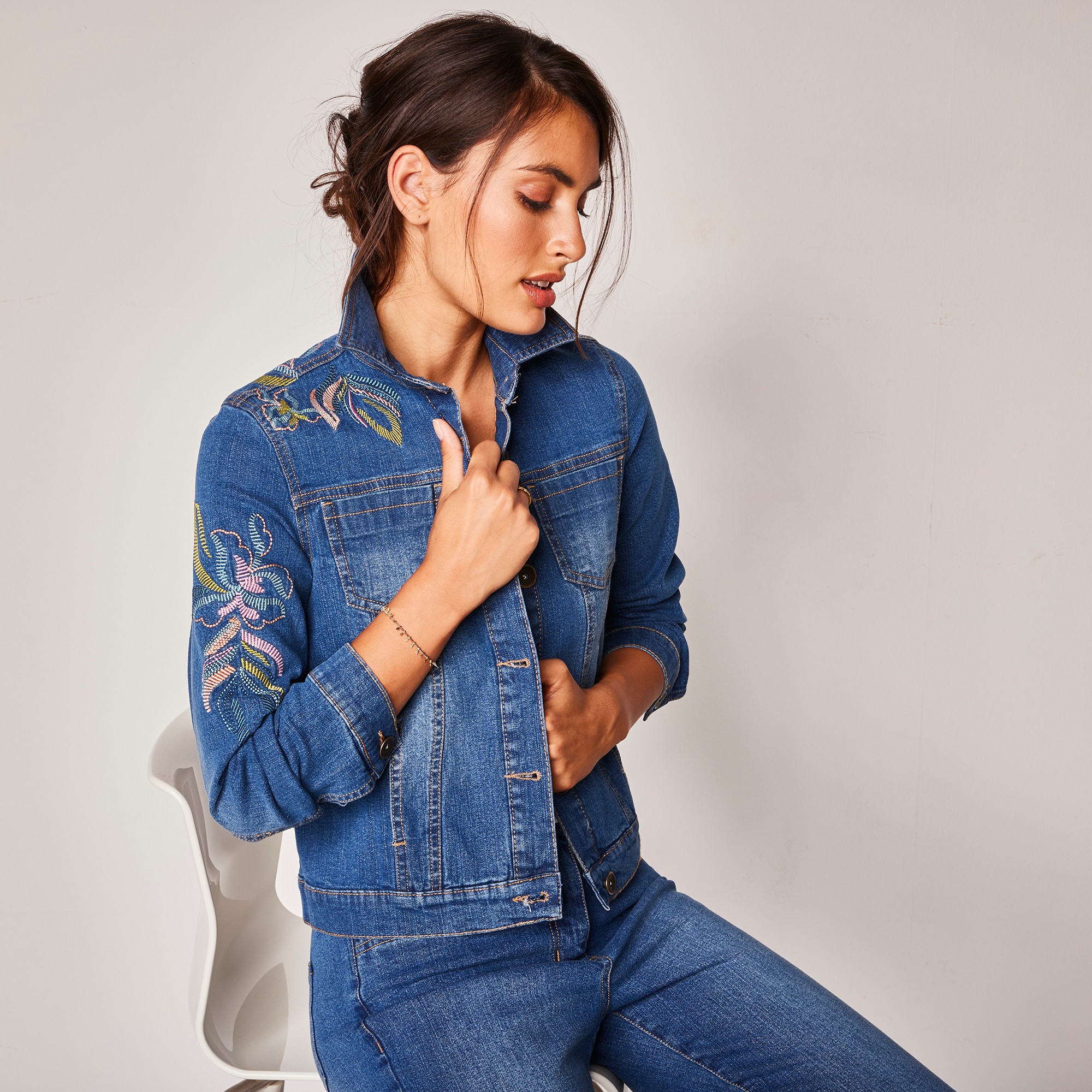 Veste Boutonnée Dos Brodé, Jean - Lora Zellini