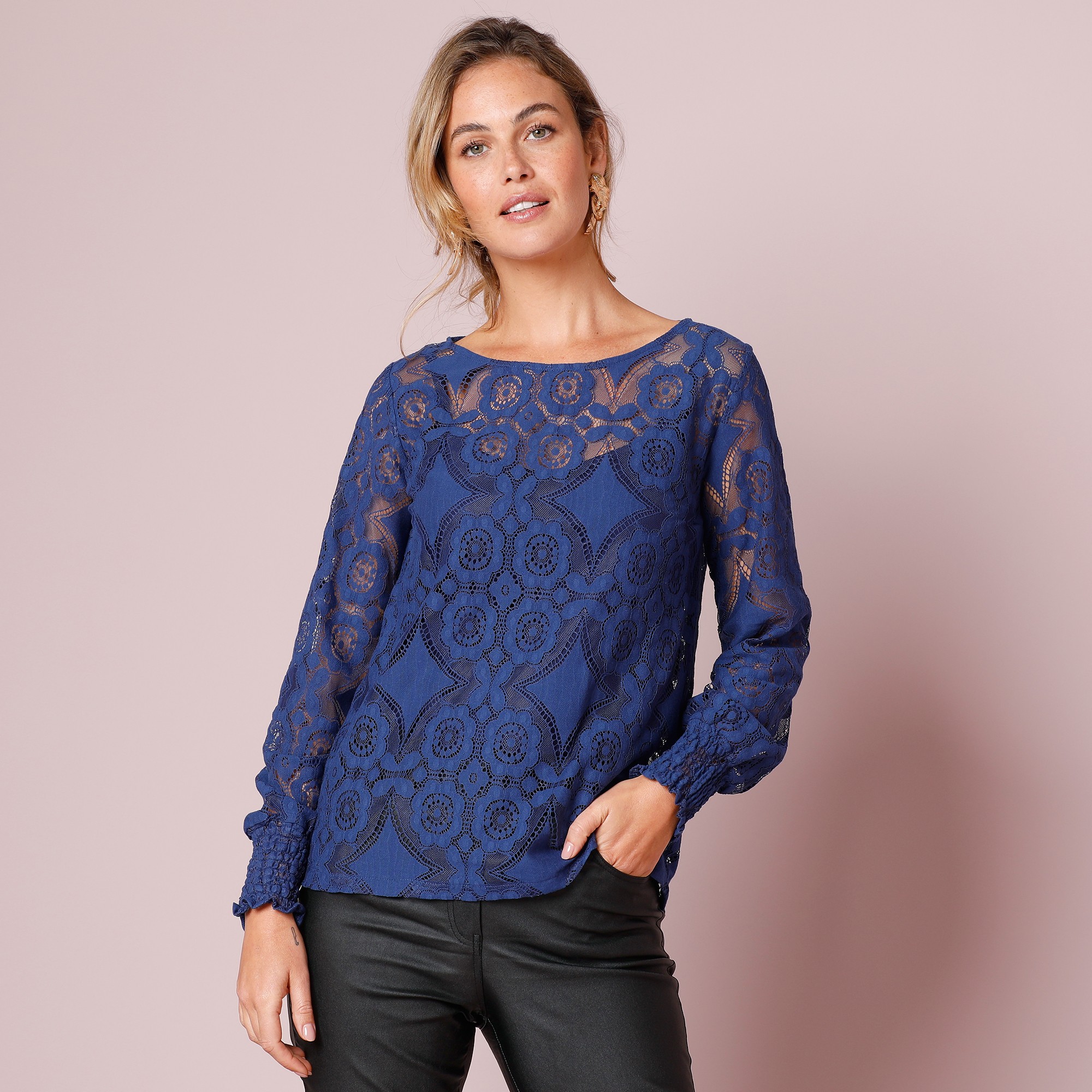 T-shirt Dentelle Manches Longues Blousantes - Blancheporte