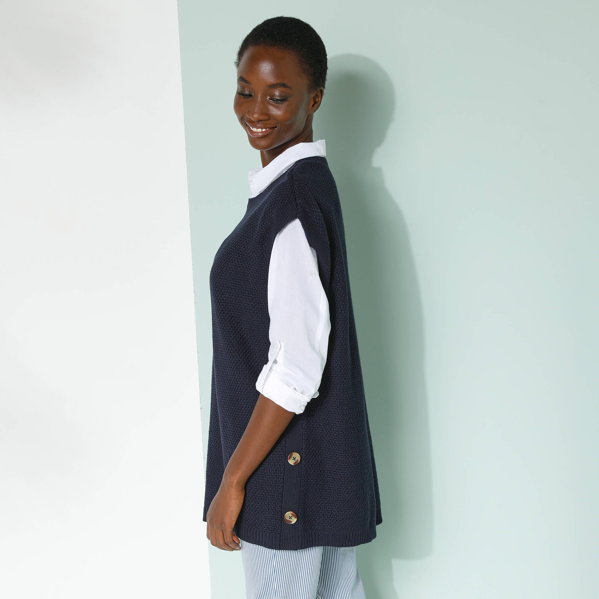 Pull-tunique Sans Manches À Boutons Effet Corne, Maille Fantaisie - Blancheporte