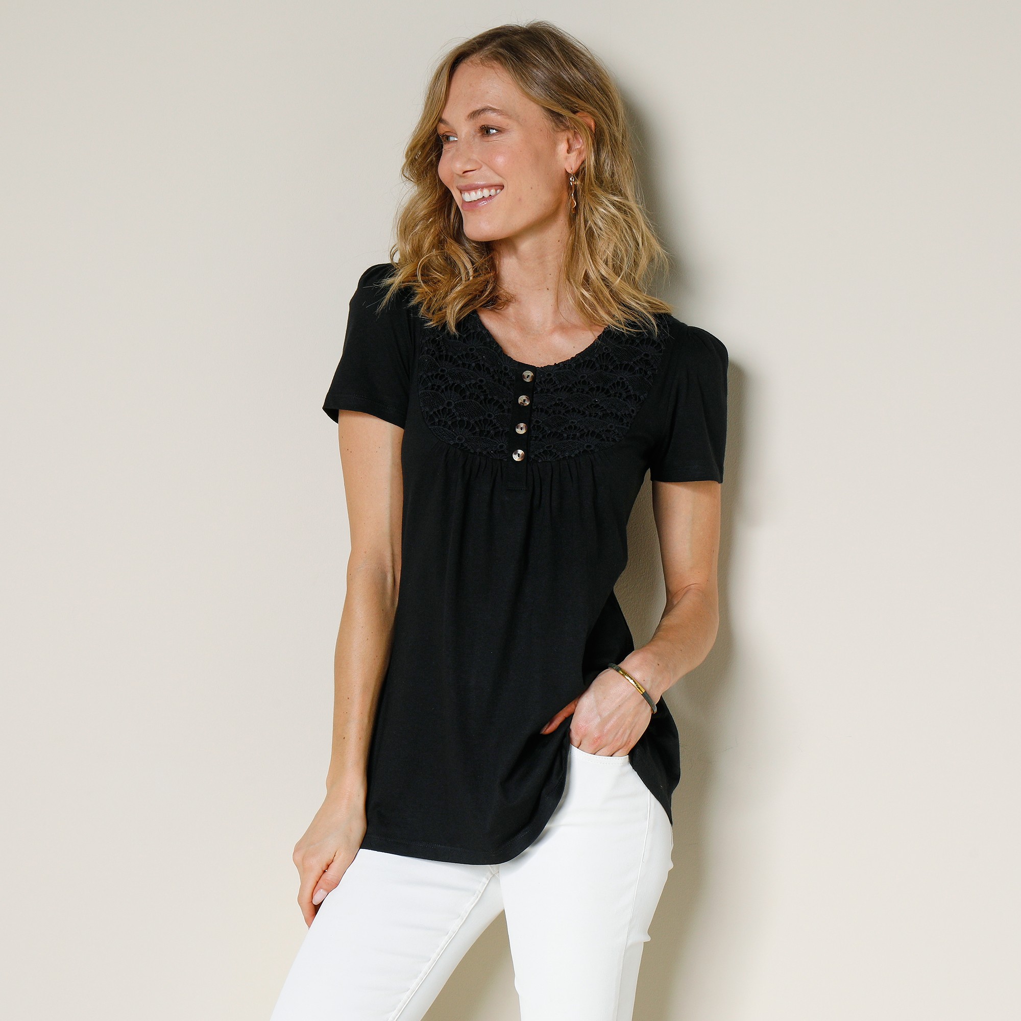 T-shirt Macramé Manches Courtes - Blancheporte