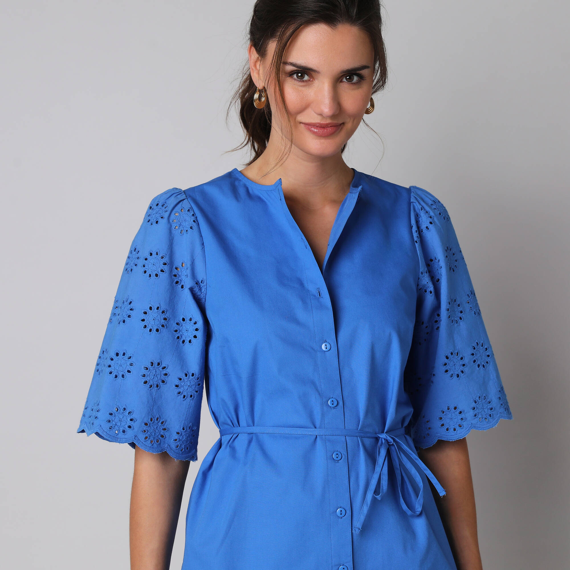 Robe-chemisier en coton uni, à manches coudes en broderies anglaises - Blancheporte