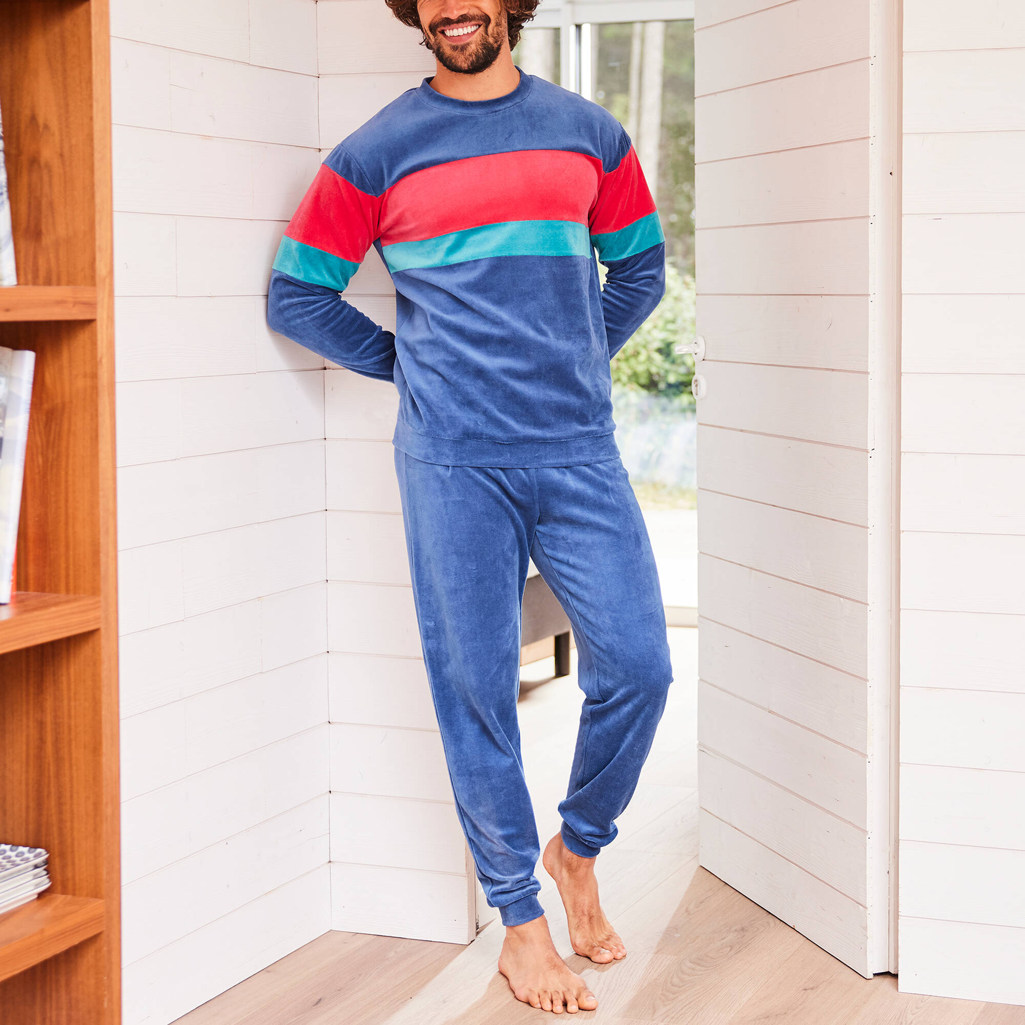 Pyjama tricolore velours manches longues - Blancheporte