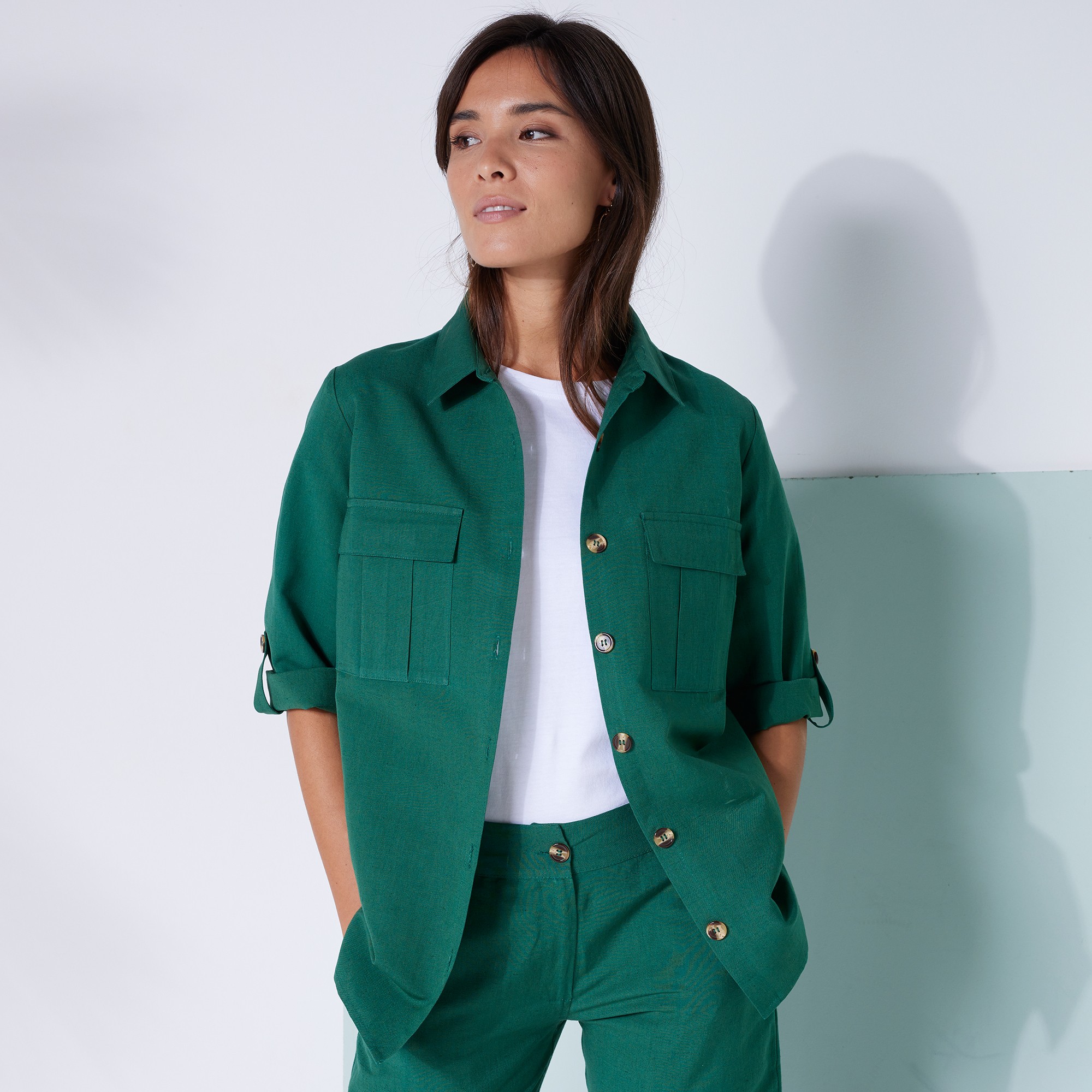 Chemisier Lin-coton, Manches Retroussables - Blancheporte