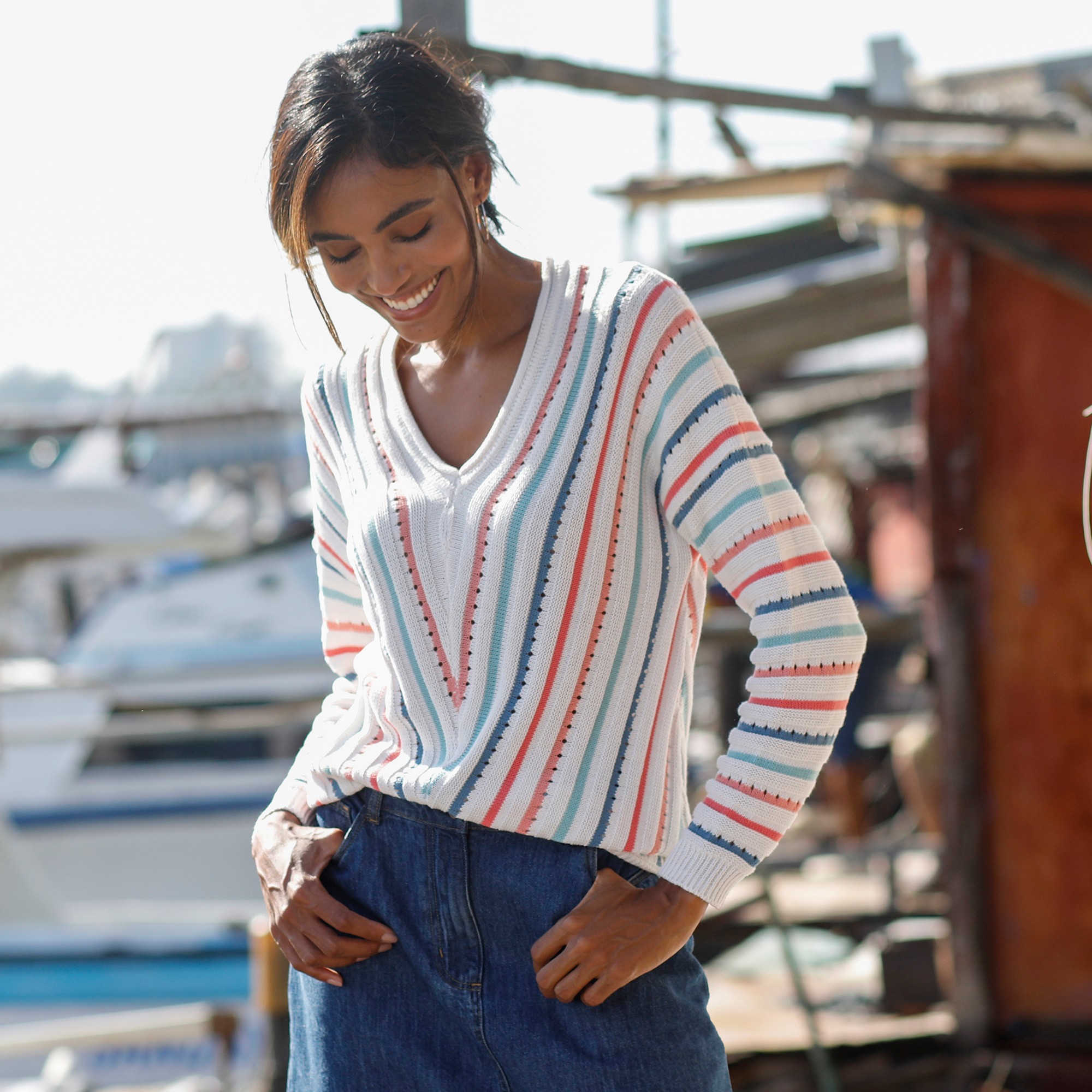 Pull V Maille Fantaisie, Rayures Graphiques - Blancheporte